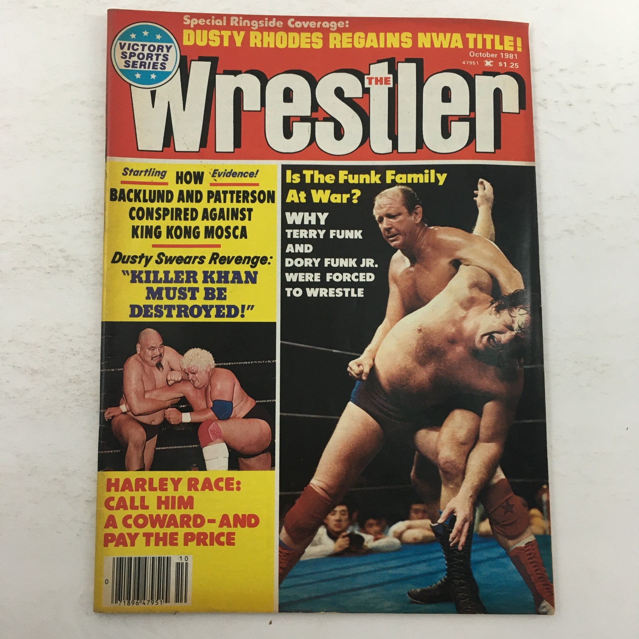 Cover of The Wrestler Magazine, October 1981 featuring Terry Funk and Dory Funk Jr, highlighting their forced wrestling match. Includes bold text about wrestling events and key figures of the time.