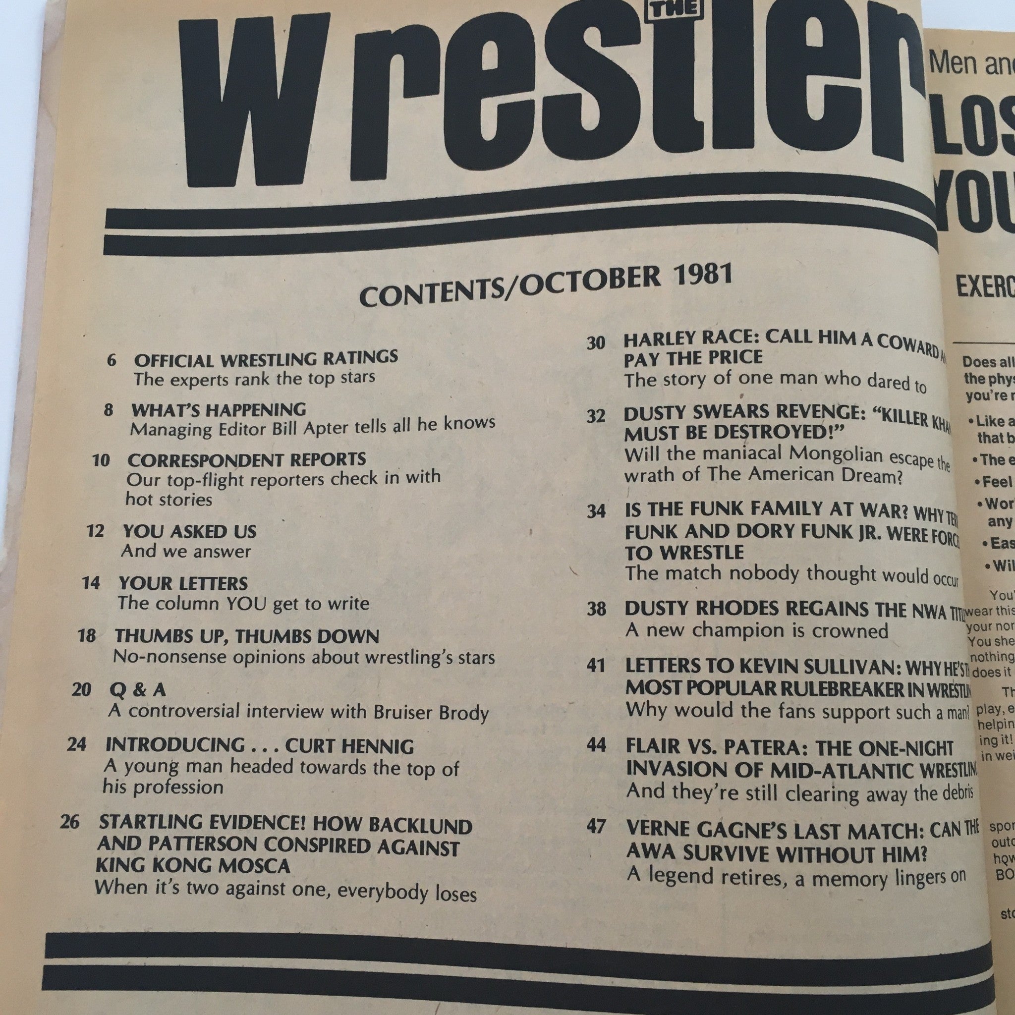 Contents page of The Wrestler Magazine, October 1981, outlining articles and features, including sections on wrestling ratings and significant events. Highlights Terry Funk and Dory Funk Jr's rivalry.