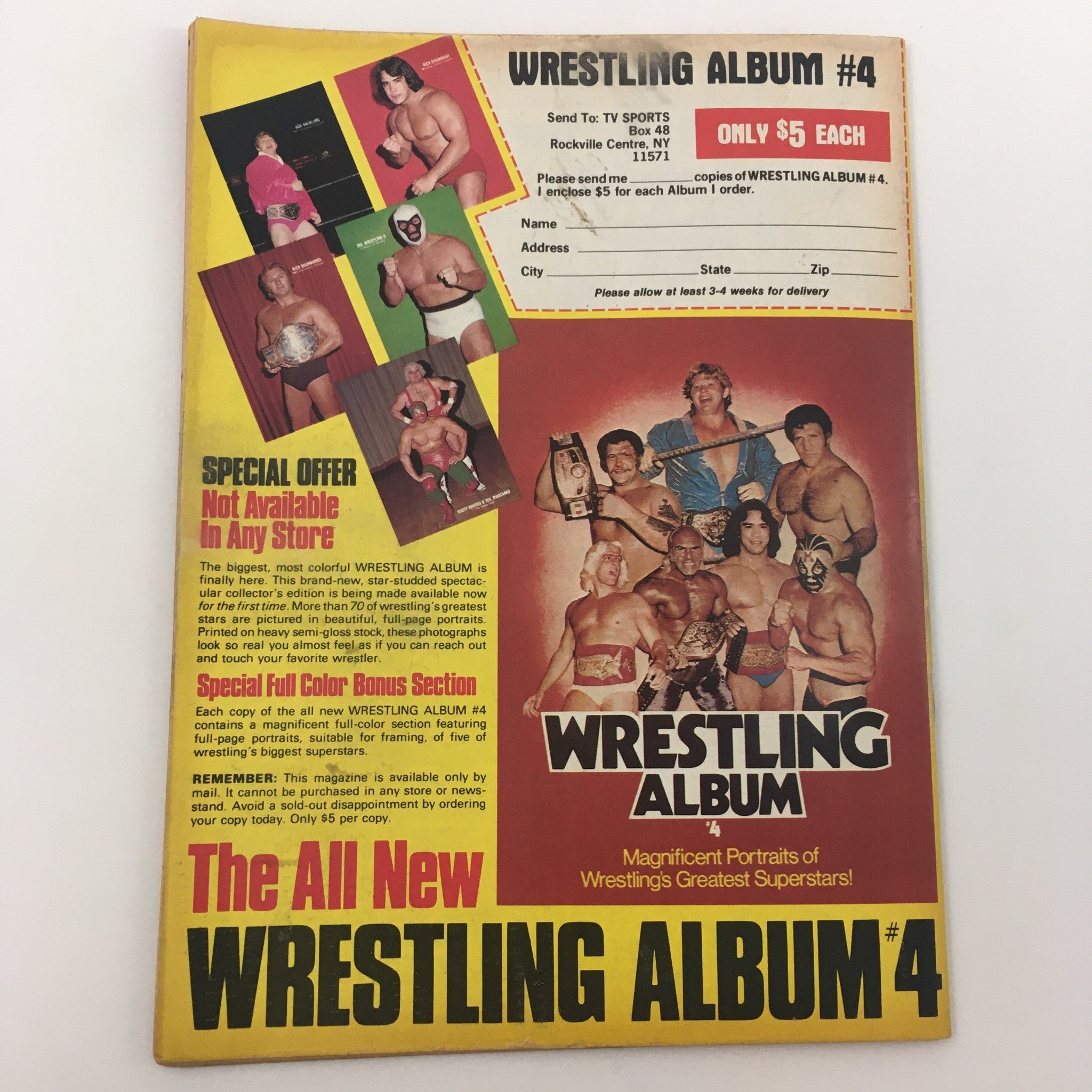 Cover of 'The Wrestler Magazine' October 1981 featuring Terry Funk and Dory Funk Jr with the title 'Forced to Wrestle'. A colorful advertisement for Wrestling Album #4 is displayed with wrestlers' images, collectible offers, and magazine details.