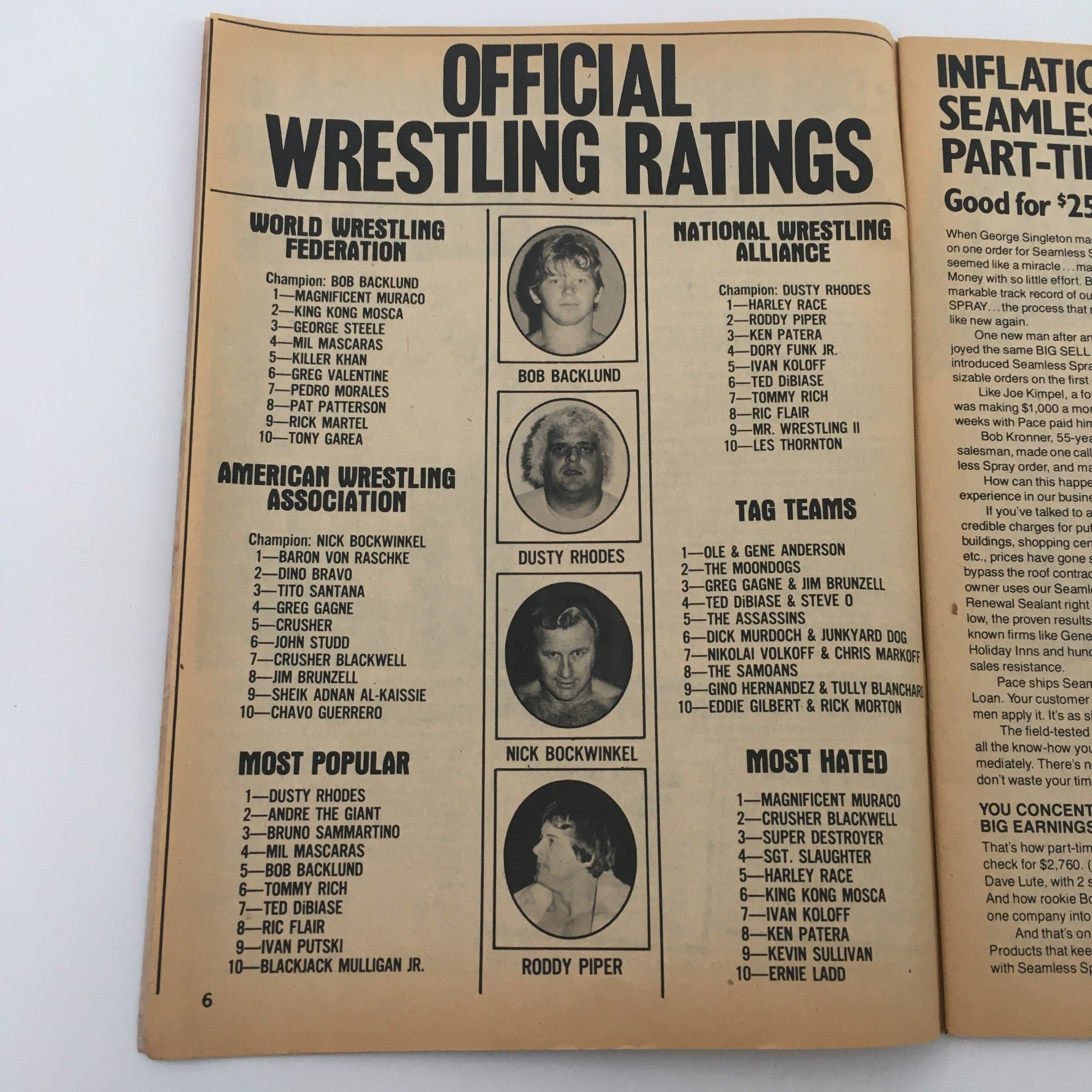 Inside page of 'The Wrestler Magazine' October 1981 showcasing official wrestling ratings listing various wrestling champions, tag teams, and most popular wrestlers such as Bob Backlund and Dusty Rhodes.