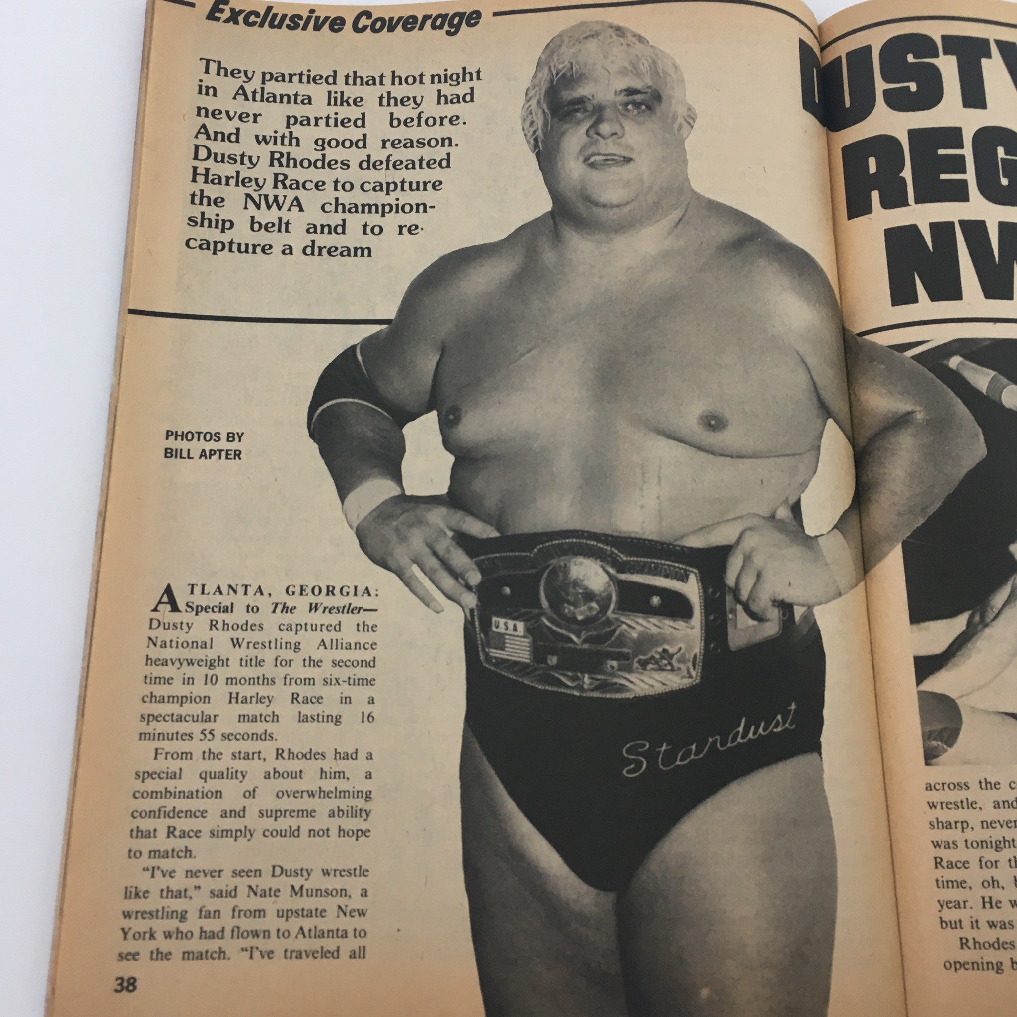 Article page from 'The Wrestler Magazine' October 1981 highlighting Dusty Rhodes celebrating his NWA championship victory over Harley Race, featuring a photo of Rhodes holding the championship belt.