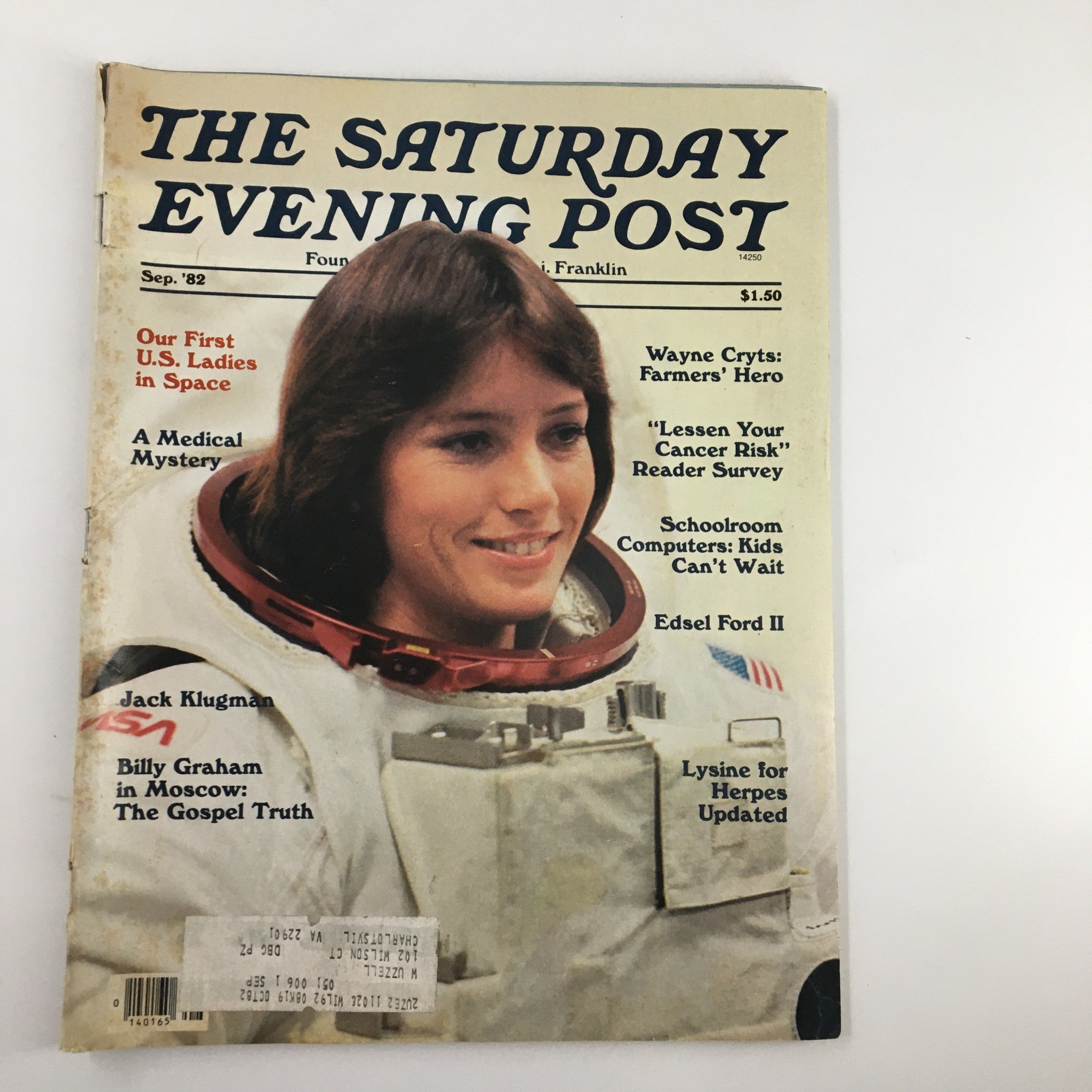 Cover of The Saturday Evening Post from September 1982 featuring the title 'Our First U.S. Ladies in Space', along with an image of a woman in an astronaut suit.