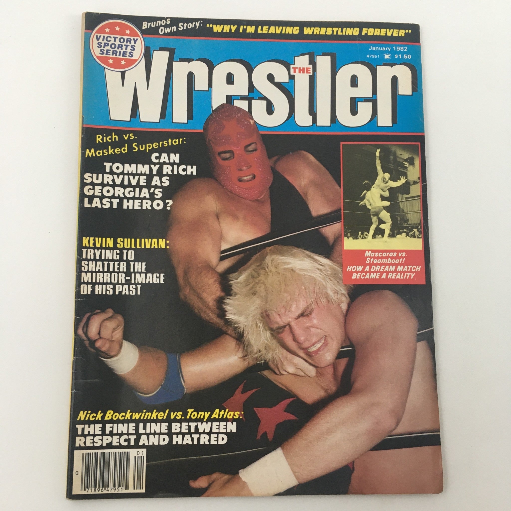 The Wrestler Magazine January 1982 cover featuring the iconic match between Tommy Rich and the Masked Superstar Bill Eadie, highlighting professional wrestling themes.