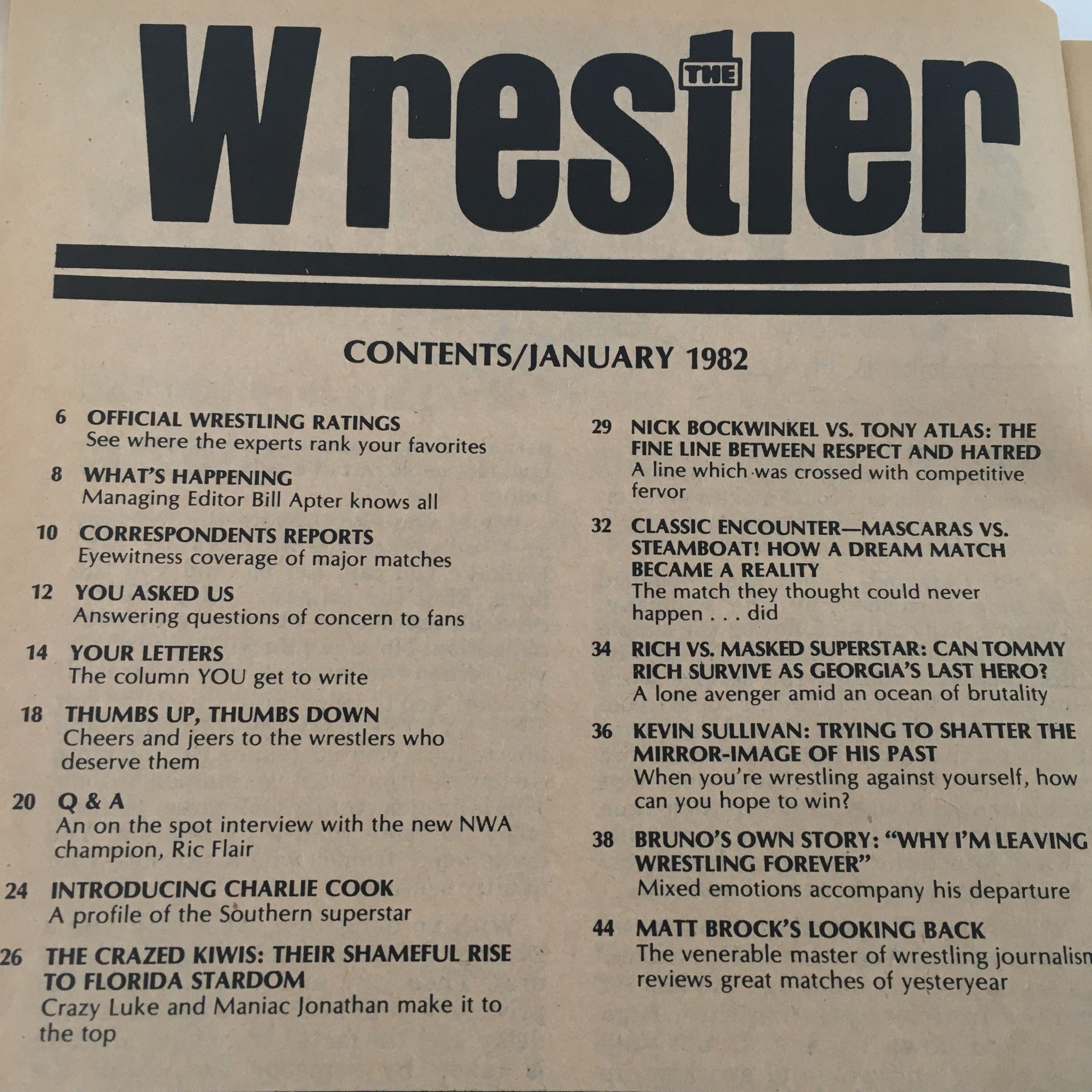 Table of contents from The Wrestler Magazine January 1982, detailing features on wrestling matches and interviews, including Tommy Rich vs Masked Superstar.