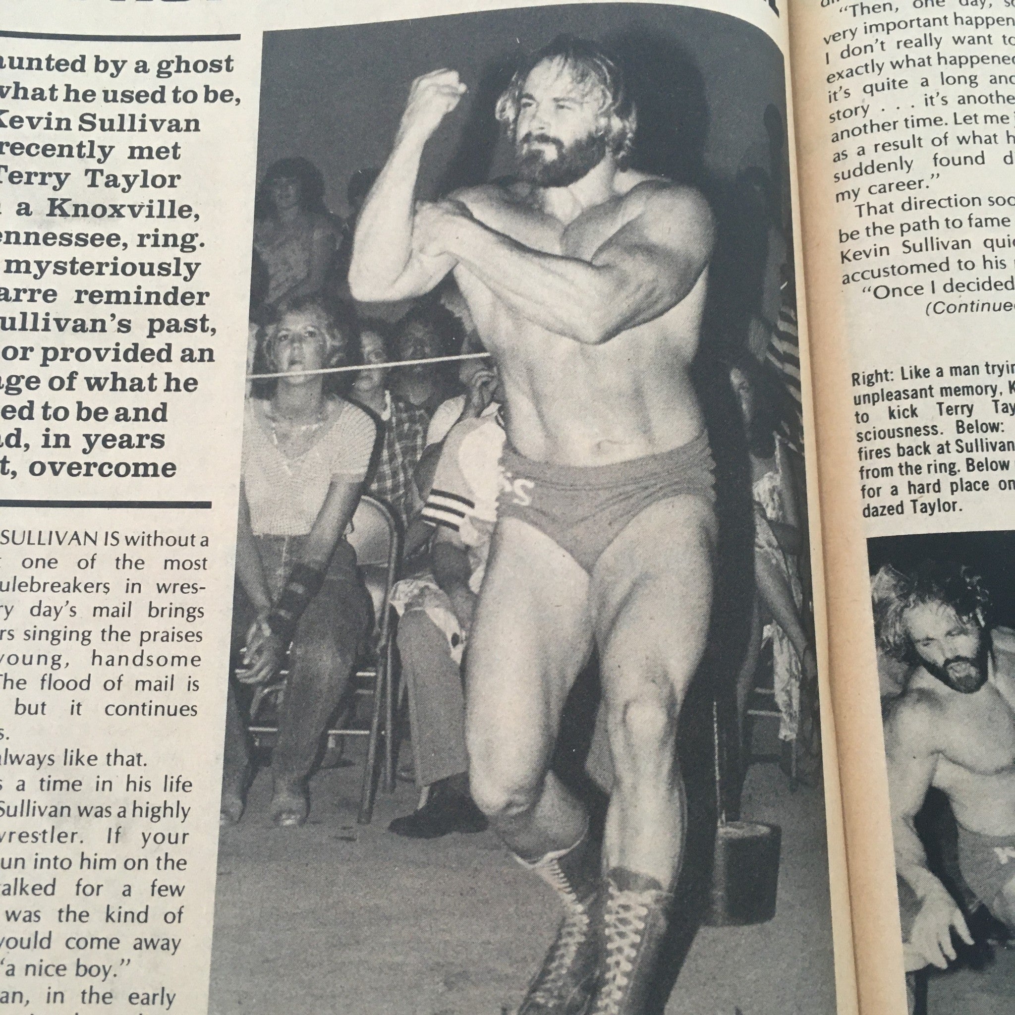 Black and white photo of Kevin Sullivan featured in The Wrestler Magazine January 1982, illustrating a moment in his wrestling career.