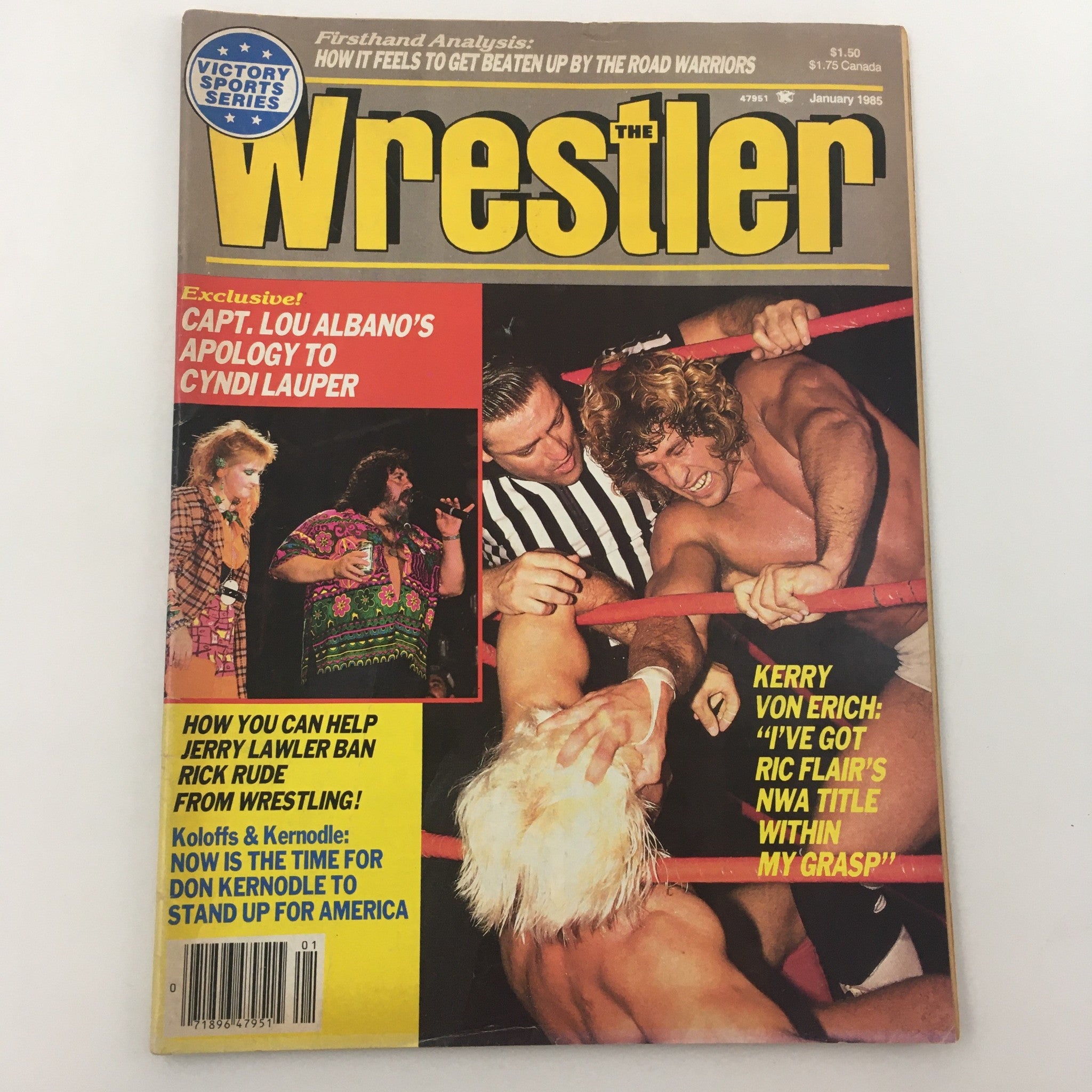 The Wrestler Magazine January 1985 cover featuring Kerry Von Erich facing Ric Flair, with a tribute to Cyndi Lauper and exclusive features on wrestling and pop culture from the mid-1980s.