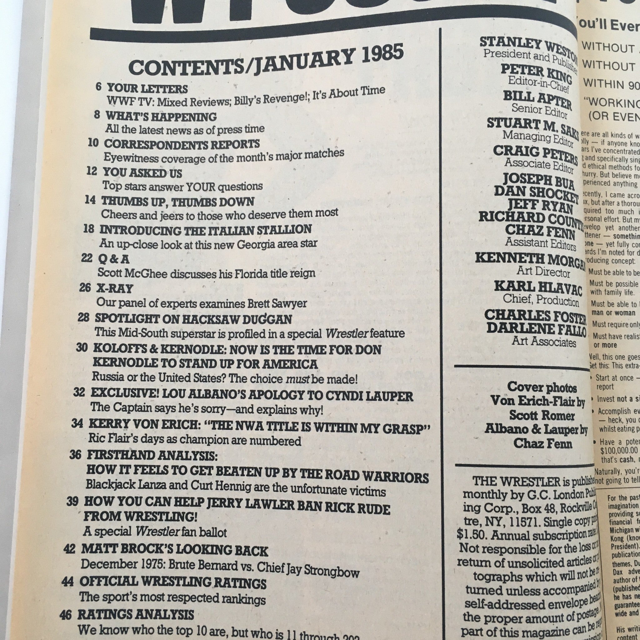 Contents page from The Wrestler Magazine January 1985 detailing features such as interviews and wrestling analysis, including a special segment on Cyndi Lauper.
