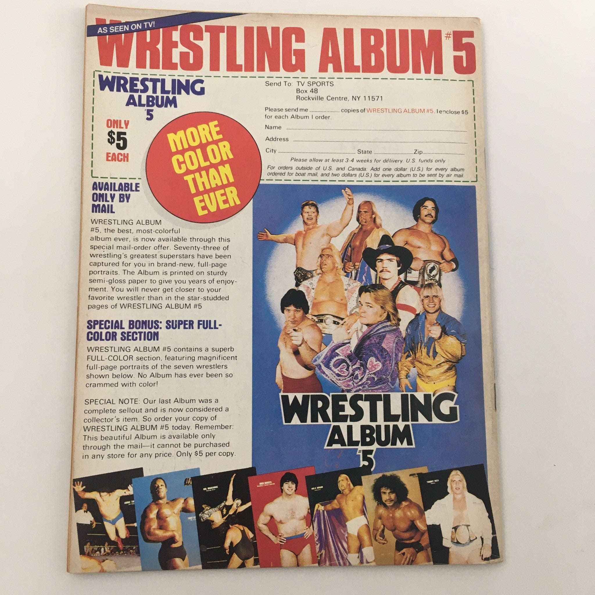 Promotional image for Wrestling Album #5 included in The Wrestler Magazine January 1985, depicting various wrestling stars with a call to subscribe for more colorful content.
