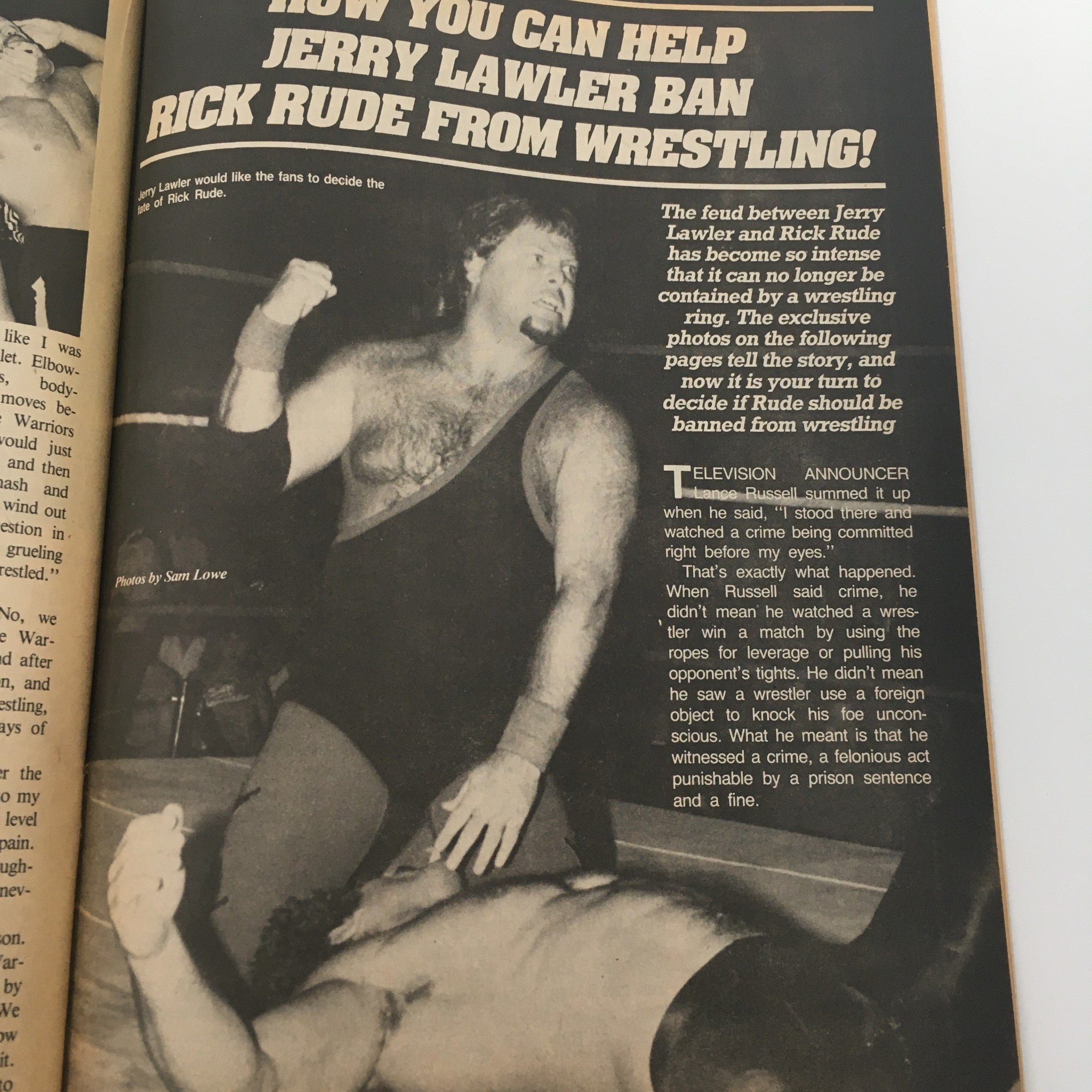 Page from The Wrestler Magazine January 1985 discussing how fans can support Jerry Lawler in banning wrestler Rick Rude from the sport, accompanied by dramatic wrestling imagery.