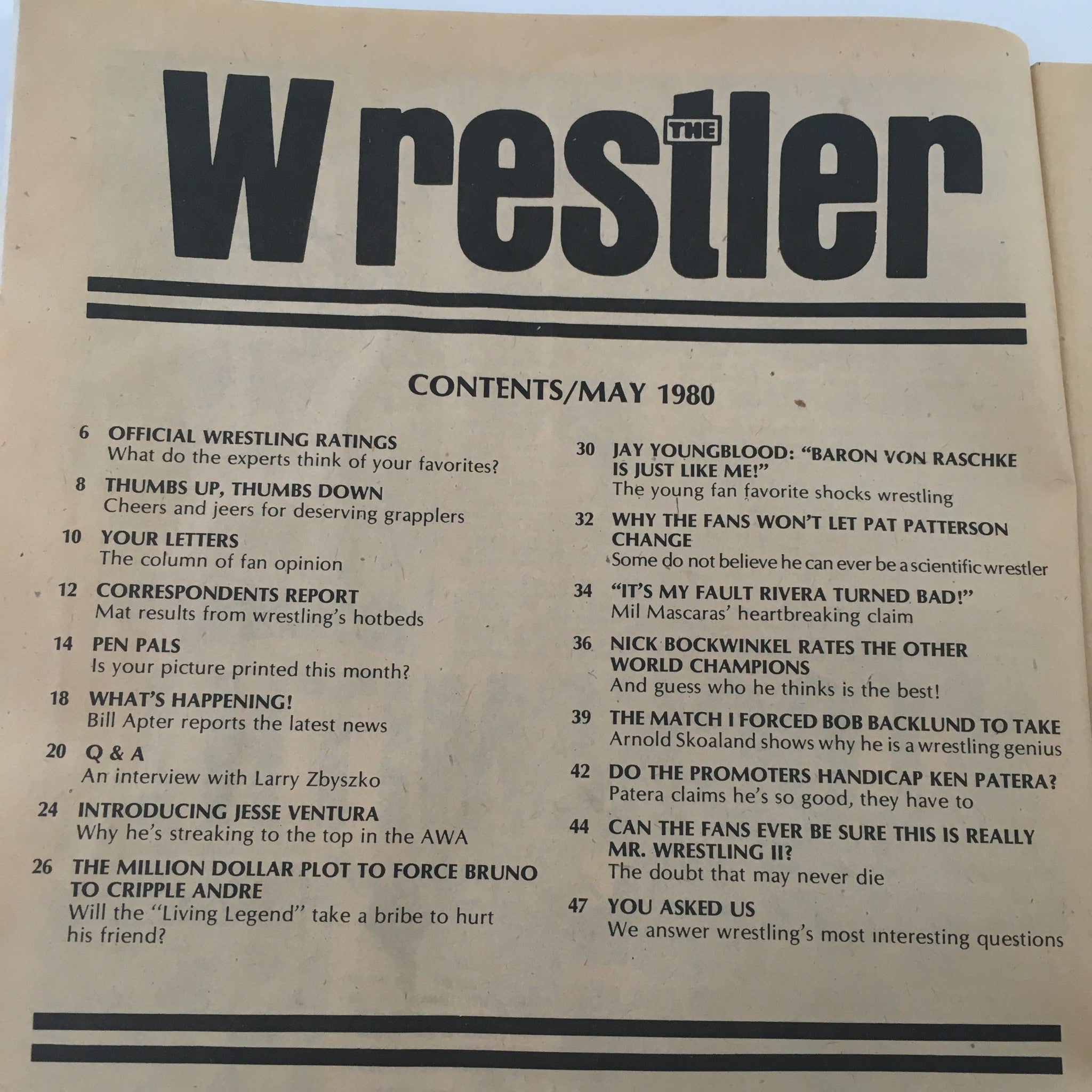 The Wrestler Magazine May 1980 contents page showcasing articles including official wrestling ratings and fan letters.