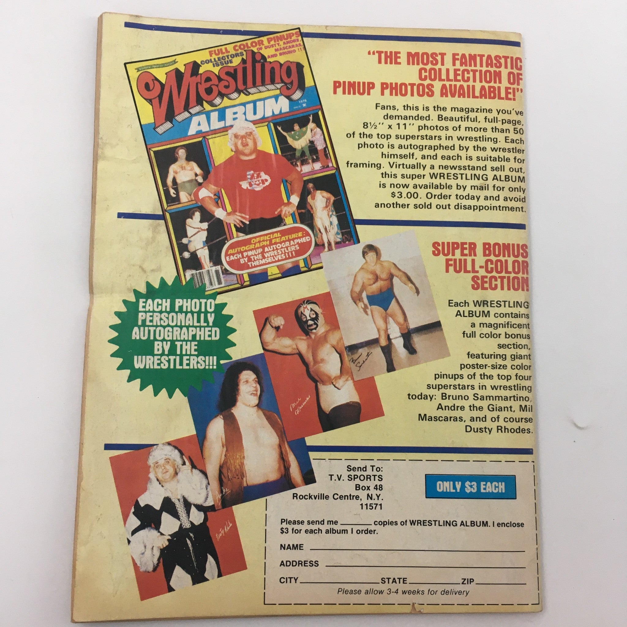 The Wrestler Magazine May 1980 advertisement for the Wrestling Album, a collectible featuring pinup photos of top wrestling stars.