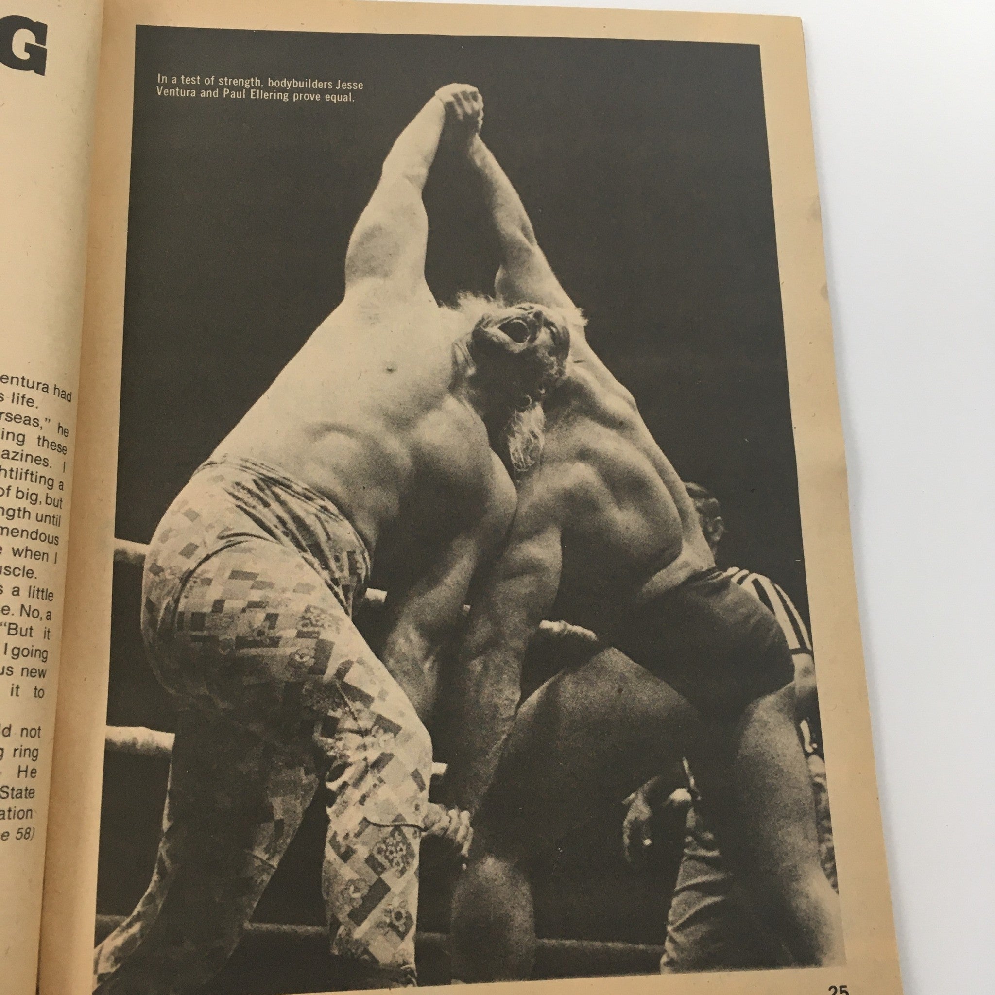 The Wrestler Magazine May 1980 photograph of Jesse Ventura and Paul Ellering demonstrating strength in a wrestling match.