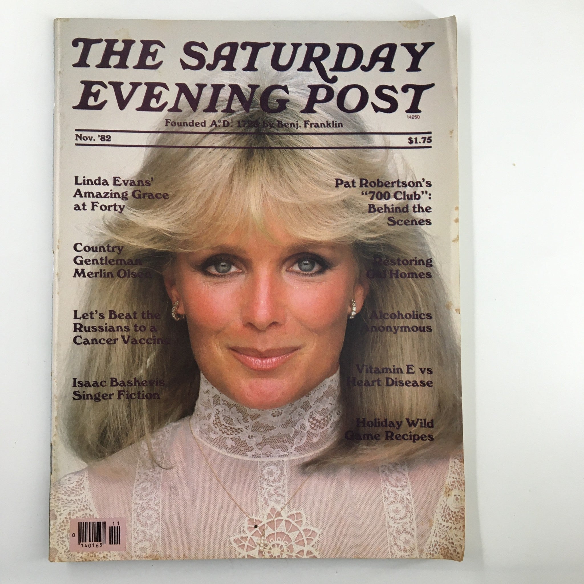 The Saturday Evening Post from November 1982 featuring Linda Evans on the cover with the headline 'Amazing Grace at Forty.' Includes articles on various topics such as health and cooking.