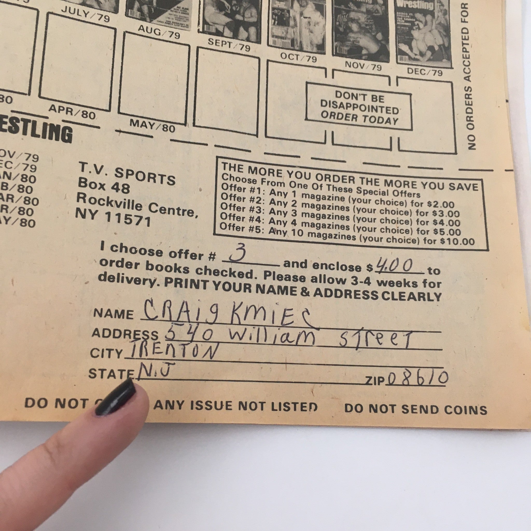 Back cover of The Wrestler Magazine May 1980 edition featuring an order form and subscription details with handwritten address, showcasing the magazine's historical context.