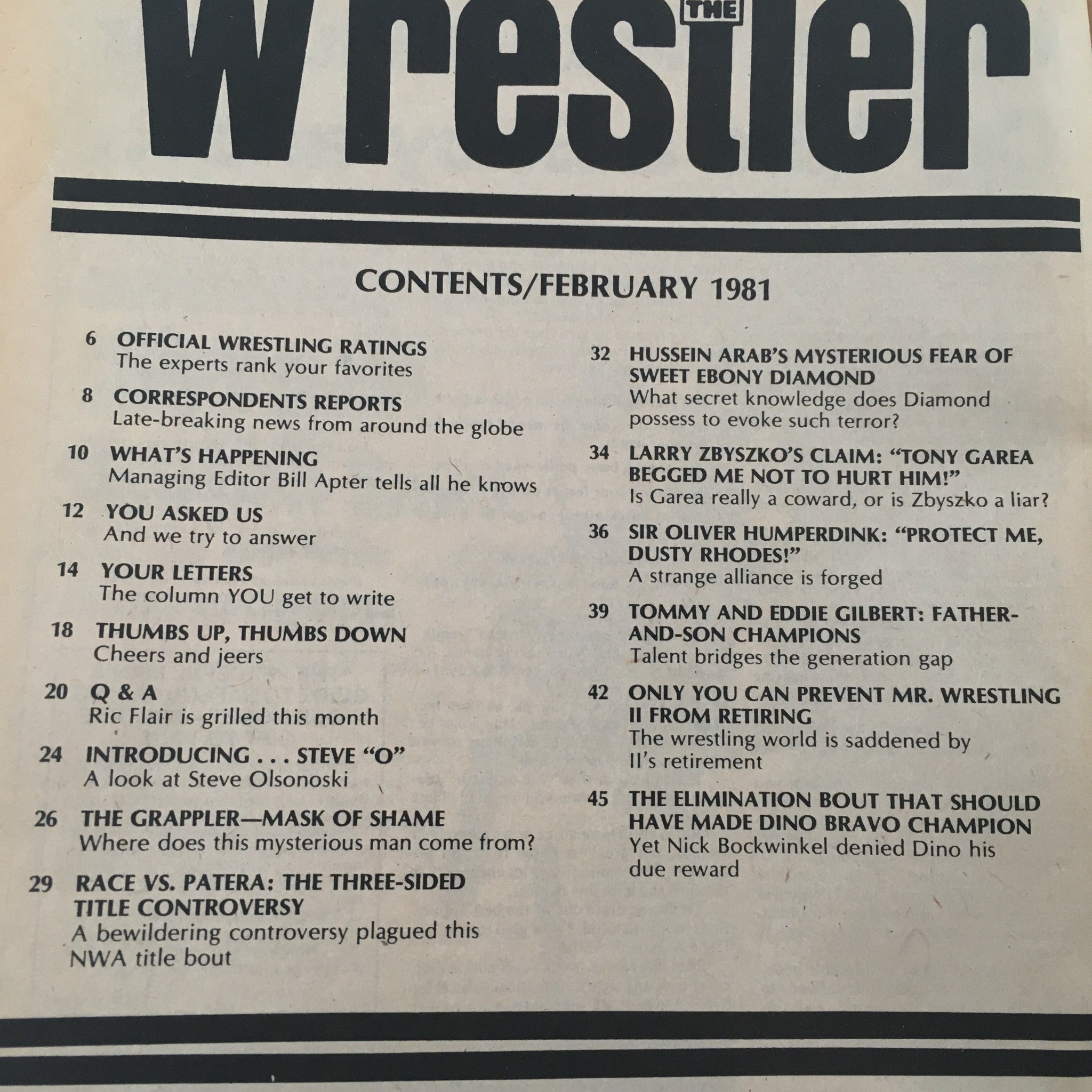 Table of contents from The Wrestler Magazine February 1981, featuring articles on wrestling ratings, correspondents reports, and the rivalry between wrestlers including Larry Zbyszko and Tony Garea.