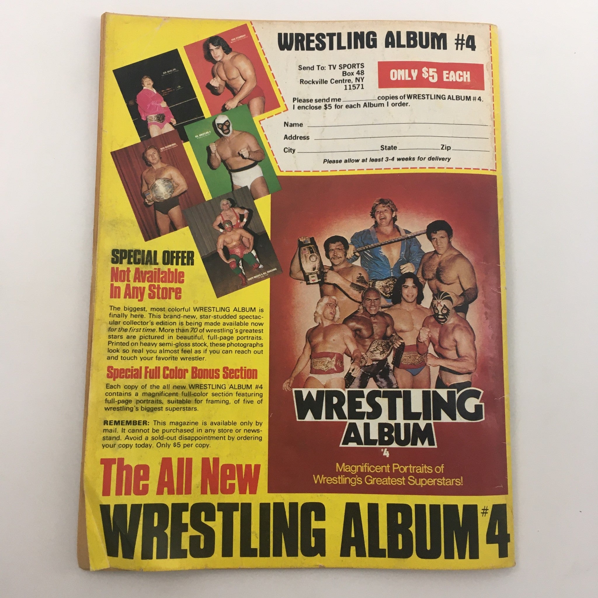 Back cover of The Wrestler Magazine February 1981 showcasing an advertisement for Wrestling Album #4, promoting collectible portraits of wrestling's greatest superstars.
