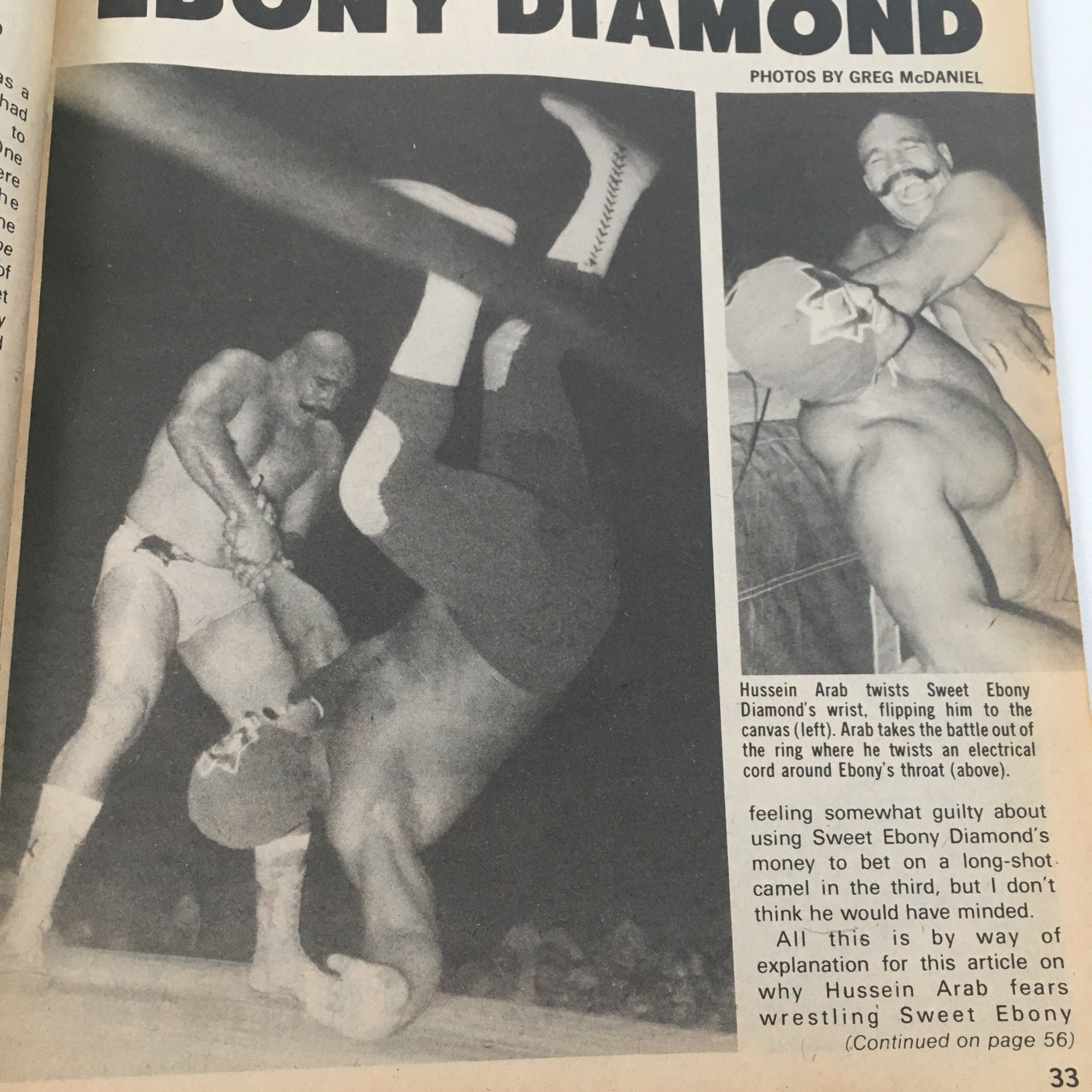 Page from The Wrestler Magazine February 1981 featuring action photos of wrestlers, including an article about Hussein Arab and Sweet Ebony Diamond.