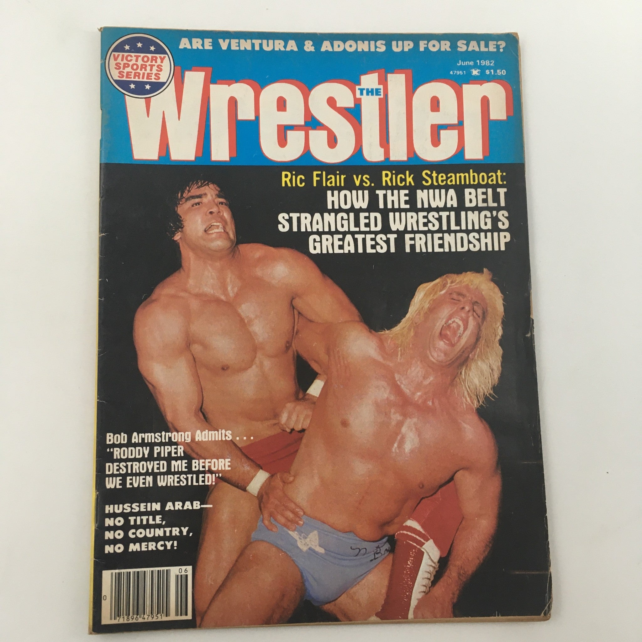 The Wrestler Magazine June 1982 cover featuring Ric Flair vs Rick Steamboat, highlighting key wrestling events and iconic wrestlers like Hulk Hogan.