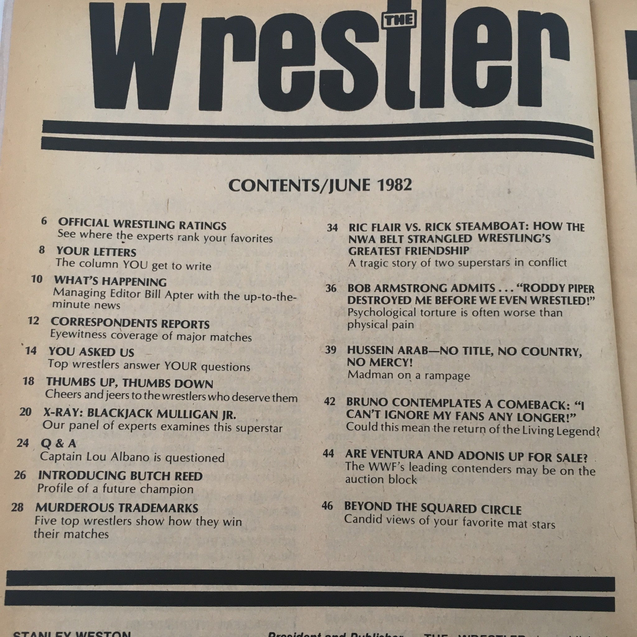 Table of contents for The Wrestler Magazine June 1982 showcasing various articles, including Ric Flair vs Rick Steamboat match details.