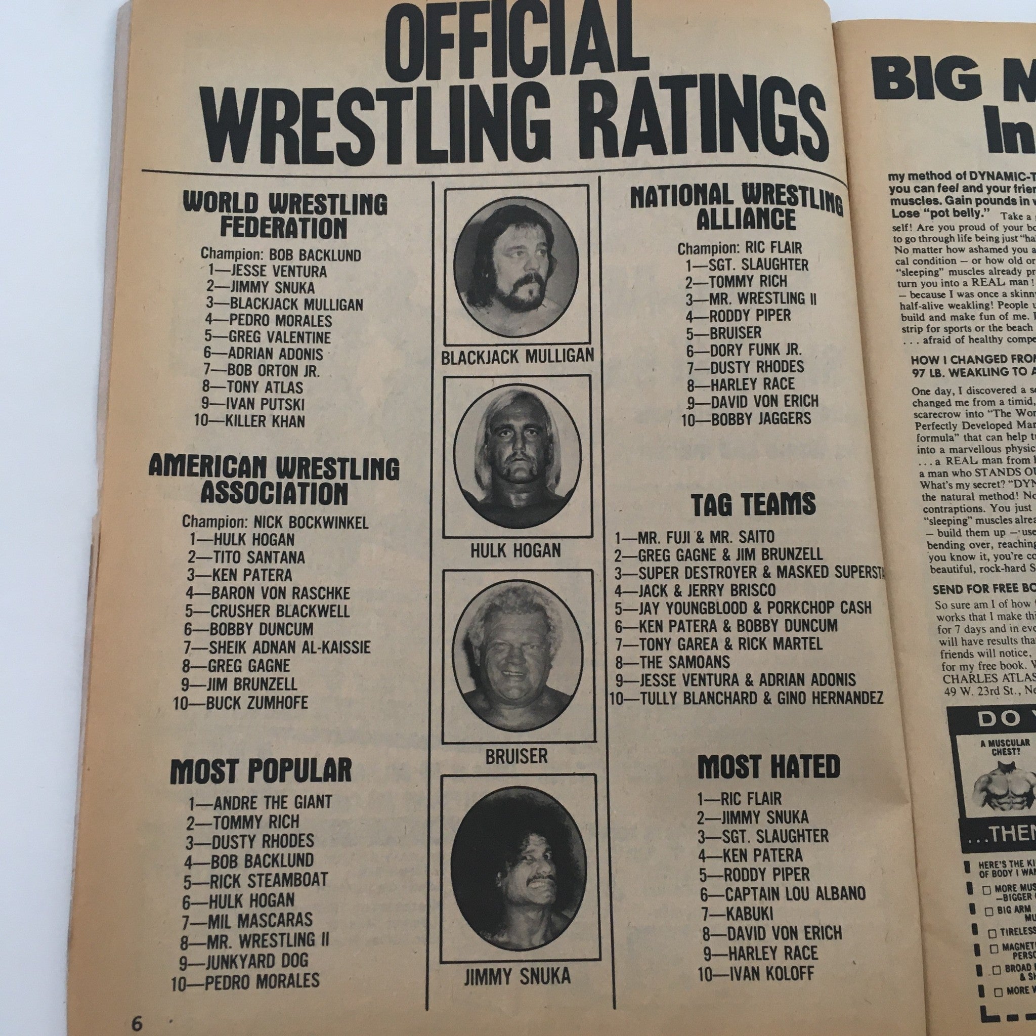 Official wrestling ratings page from The Wrestler Magazine June 1982, listing top wrestlers including Ric Flair and Hulk Hogan.