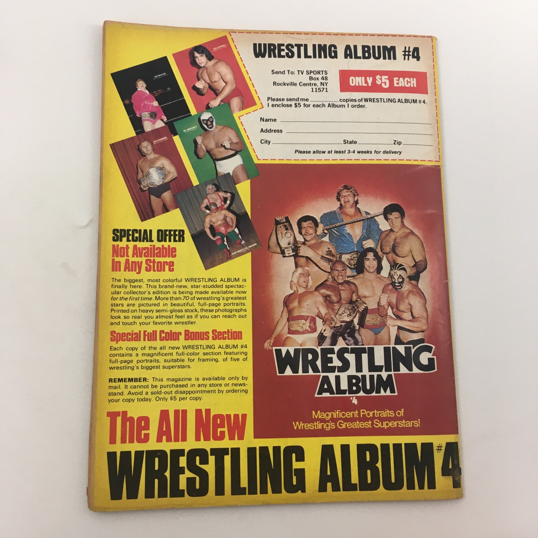 Back cover of The Wrestler Magazine June 1982 featuring a special offer for Wrestling Album #4, showcasing portraits of wrestling superstars.