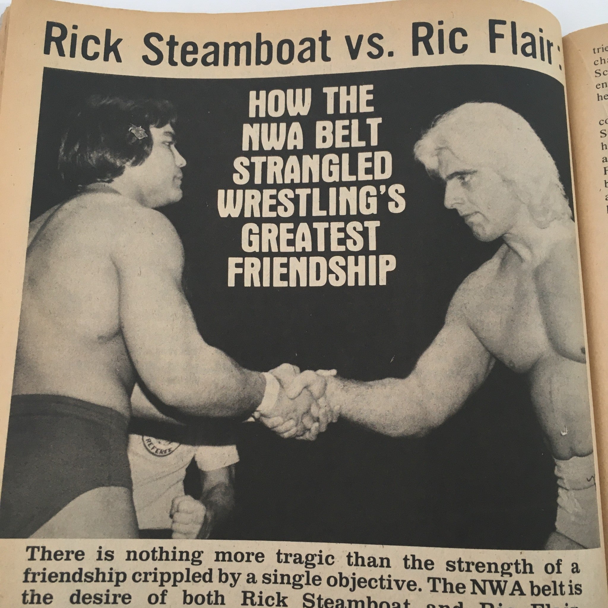The Wrestler Magazine June 1982 featuring a historic moment between Ric Flair and Rick Steamboat, shaking hands with a headline about the NWA belt and its impact on wrestling friendships.