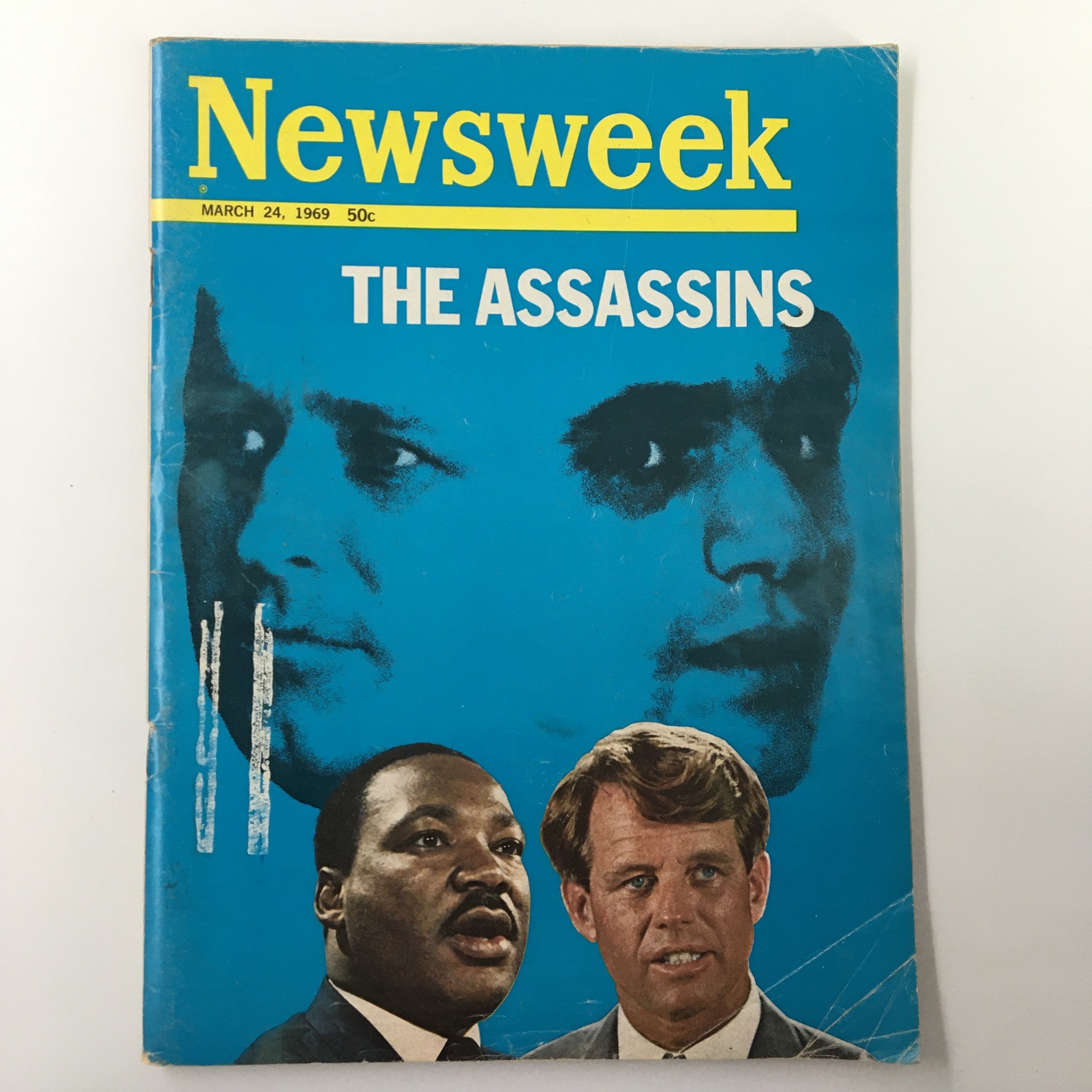 VTG Newsweek Magazine March 24 1969 cover featuring Martin Luther King Jr. and Robert Kennedy, titled 'The Assassins', depicting a pivotal moment in American history.