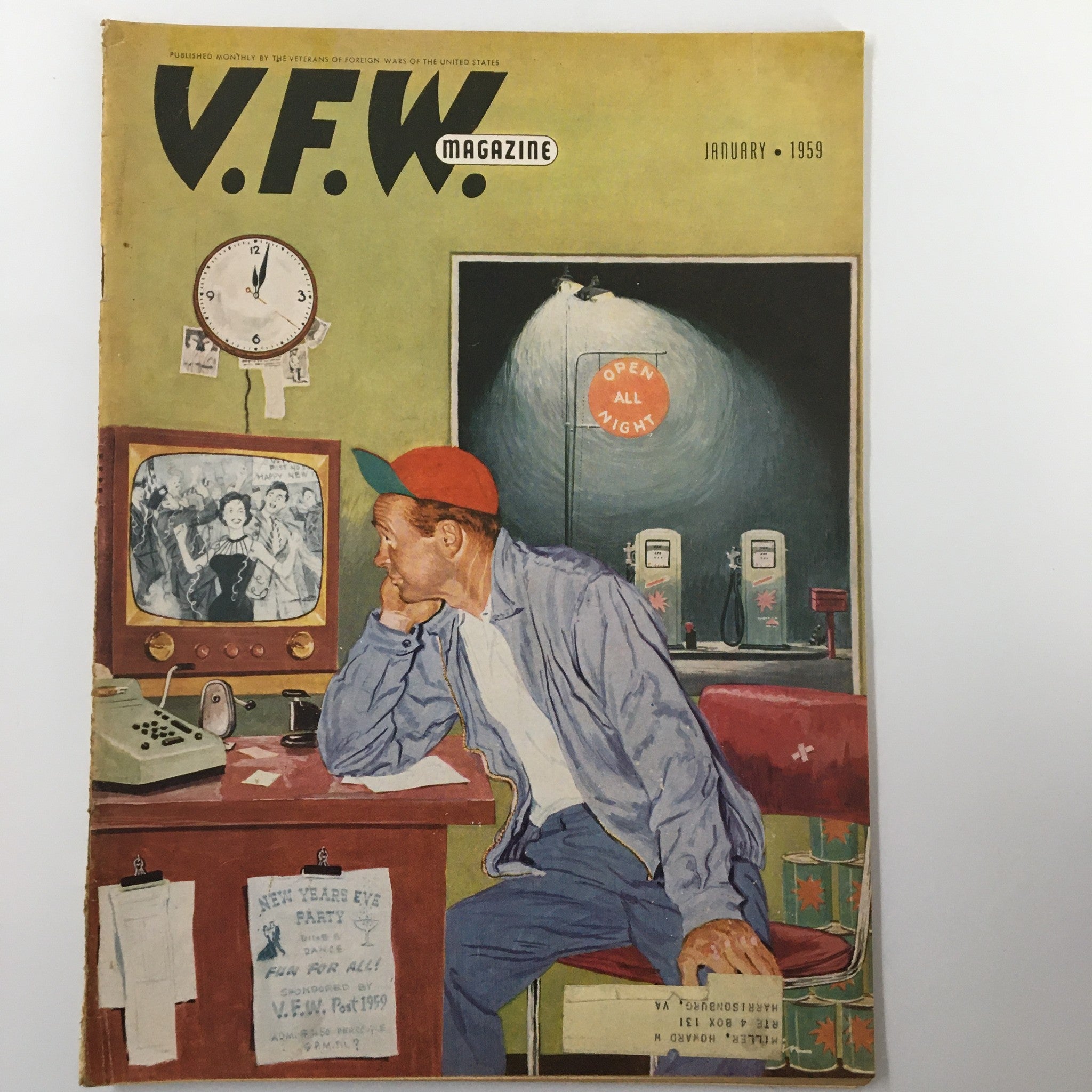 VTG V.F.W. Magazine January 1959 cover featuring a man watching television, depicting the cultural landscape of the 1950s, emphasizing the theme of community involvement in the March of Dimes.