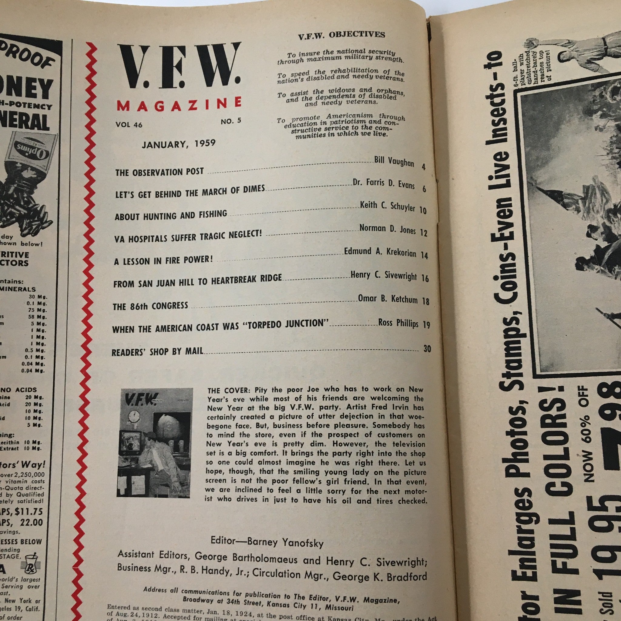 Interior page of the VTG V.F.W. Magazine January 1959 showcasing the Table of Contents and articles, highlighting topics related to veterans and community initiatives.