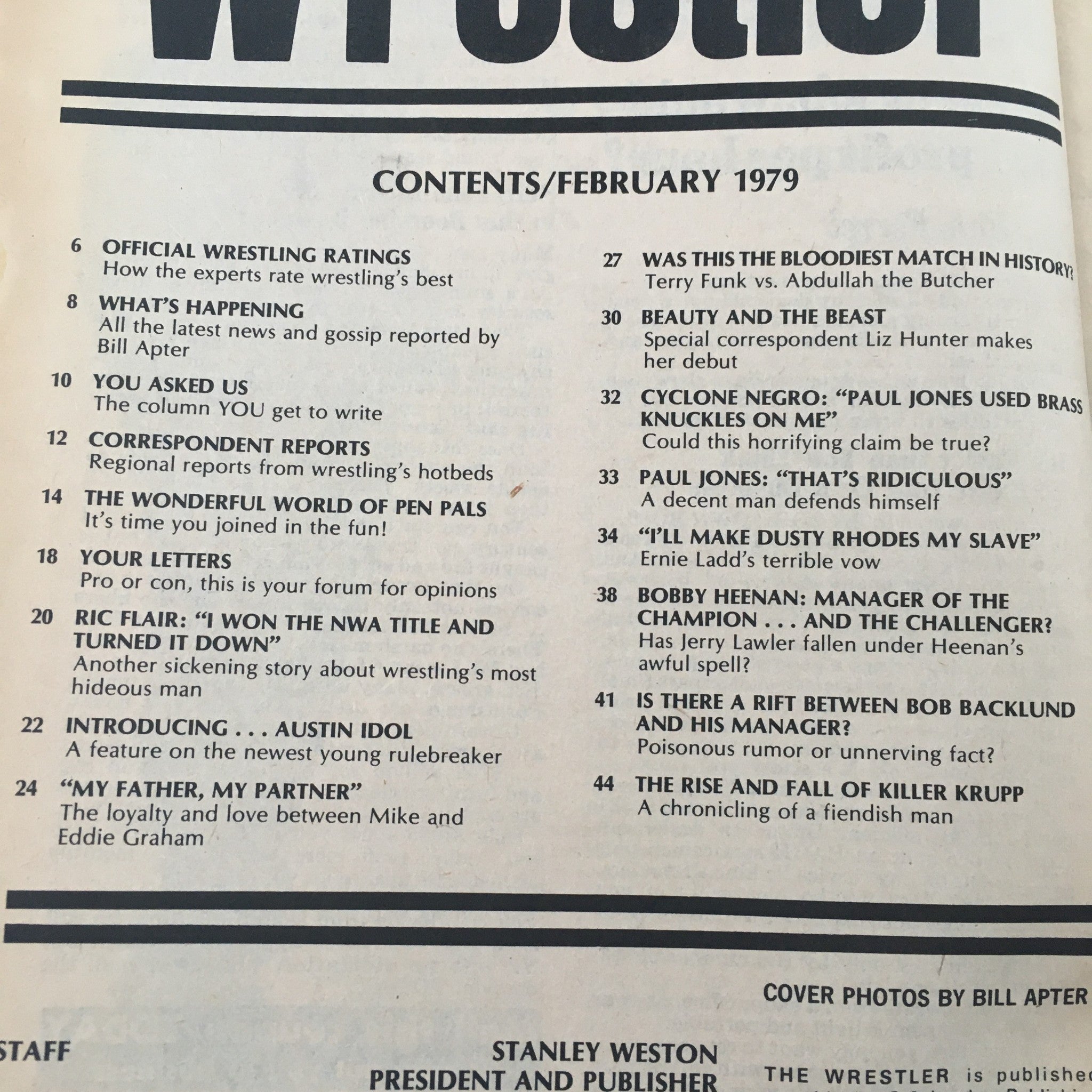 Table of contents from The Wrestler Magazine February 1979 featuring iconic wrestling names and articles including Ernie Ladd, Dusty Rhodes, and Ric Flair.