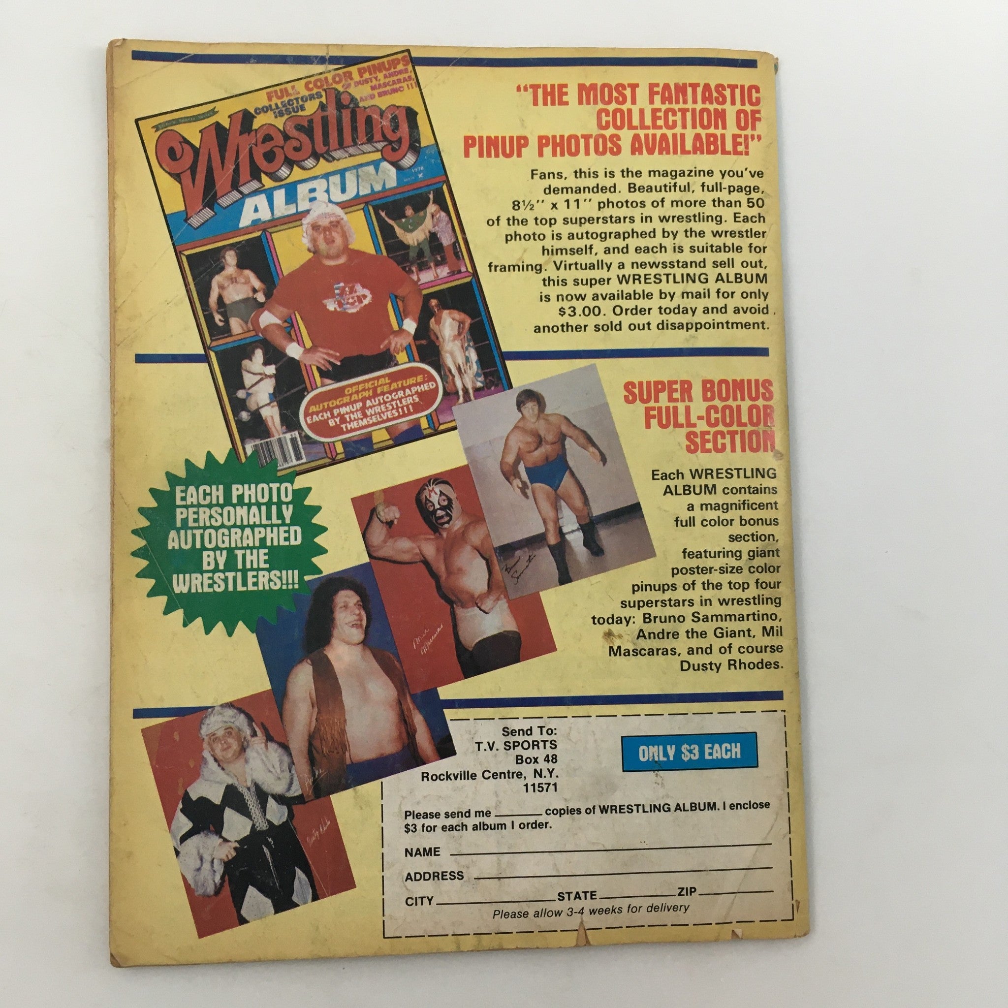 Back cover of The Wrestler Magazine February 1979 showcasing a Wrestling Album advertisement with descriptions of pinup photos and autographs.