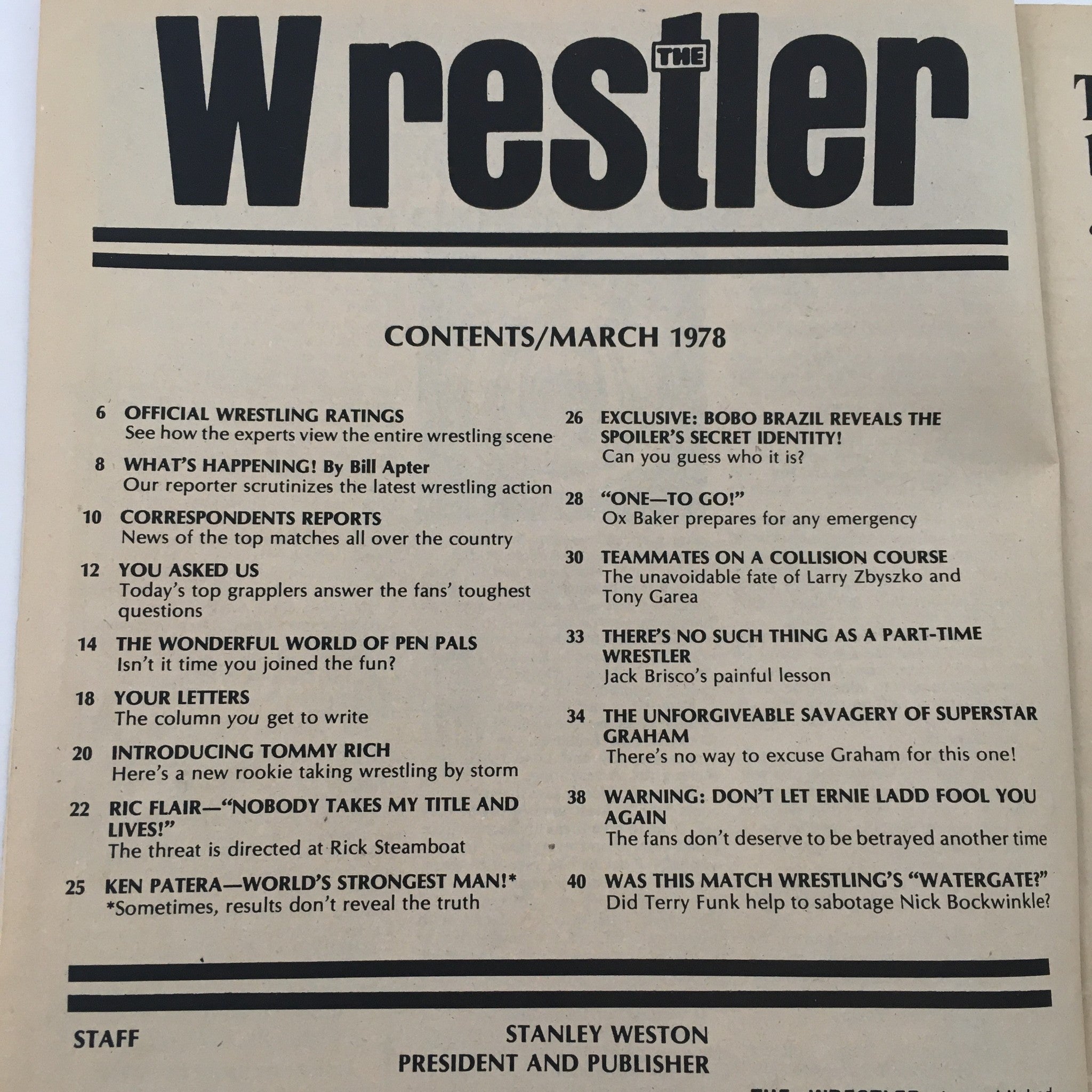 Contents page of The Wrestler Magazine March 1978 outlining articles and features including contributions from Bill Apter.