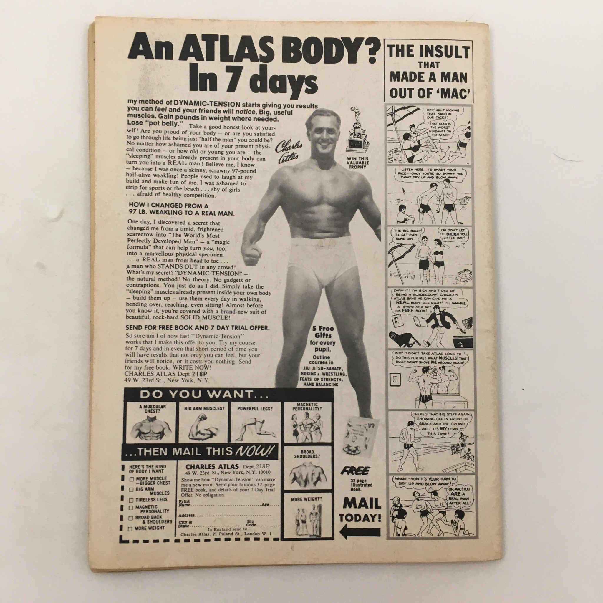 Back cover of The Wrestler Magazine March 1978 showcasing an advertisement for Charles Atlas bodybuilding program.