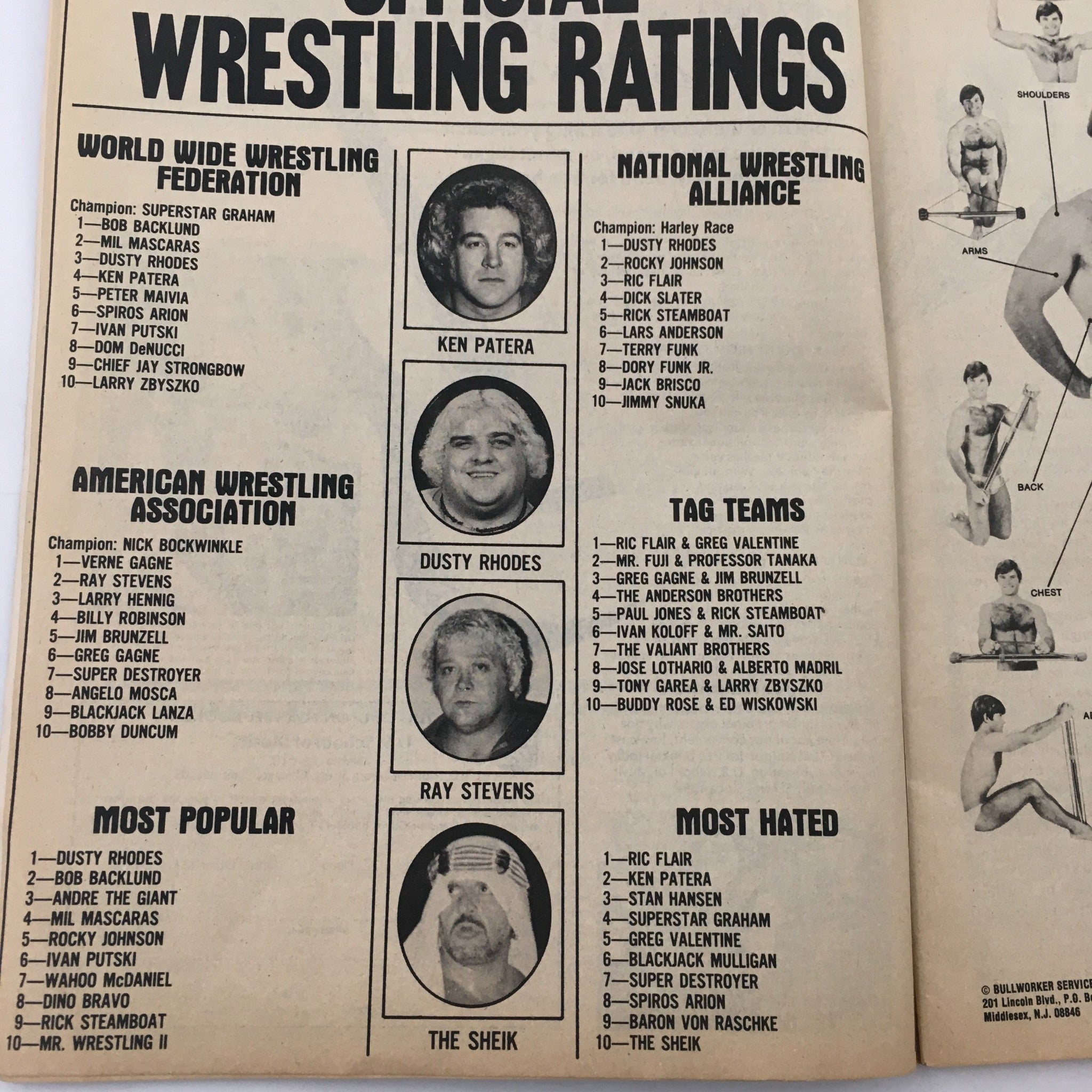 Official wrestling ratings from The Wrestler Magazine March 1978 listing top wrestlers and tag teams, featuring Ken Patera and Dusty Rhodes.