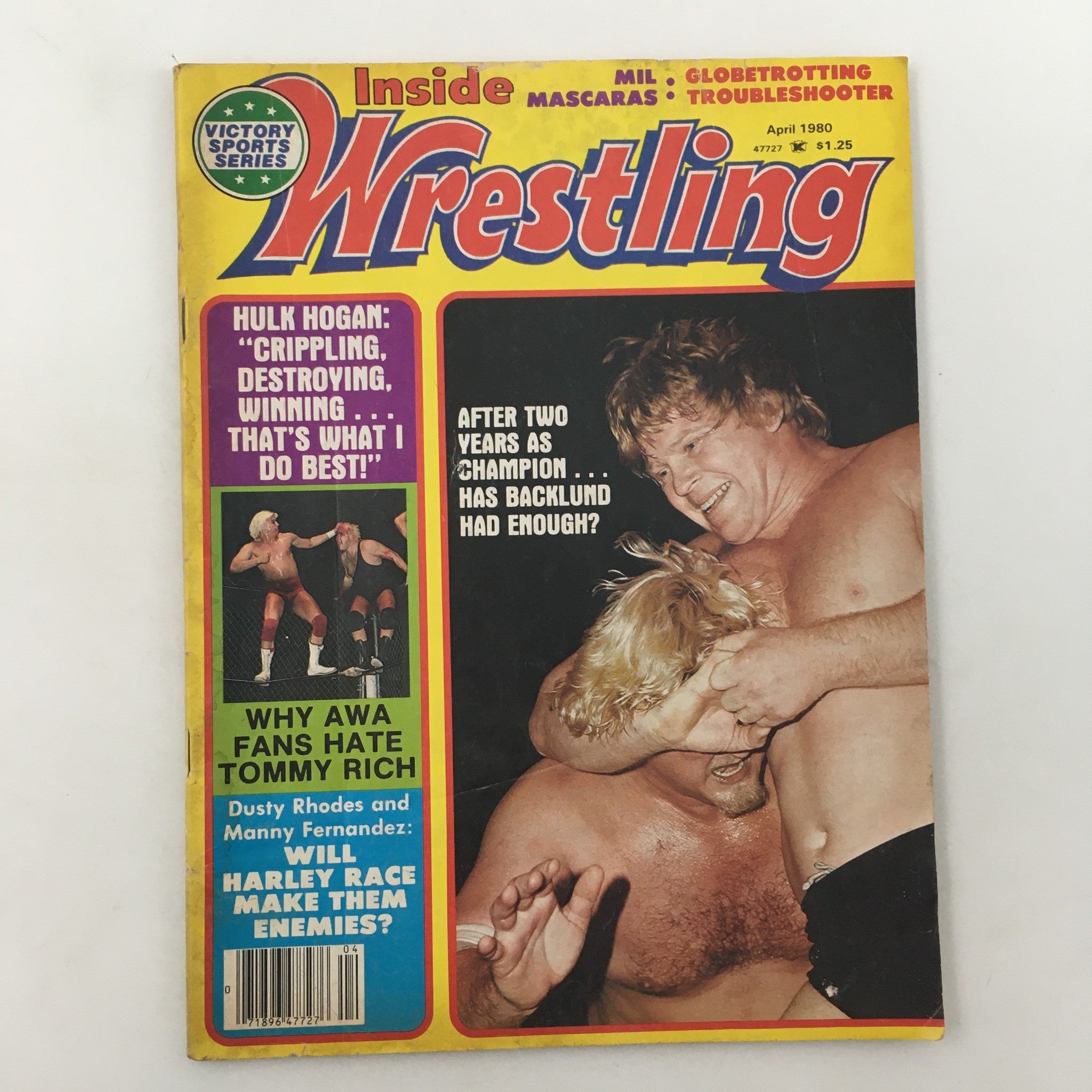 Inside Wrestling Magazine April 1980 cover featuring Hulk Hogan, Dusty Rhodes, and Manny Fernandez. Highlights include articles on wrestling rivalries and excitements of the era.