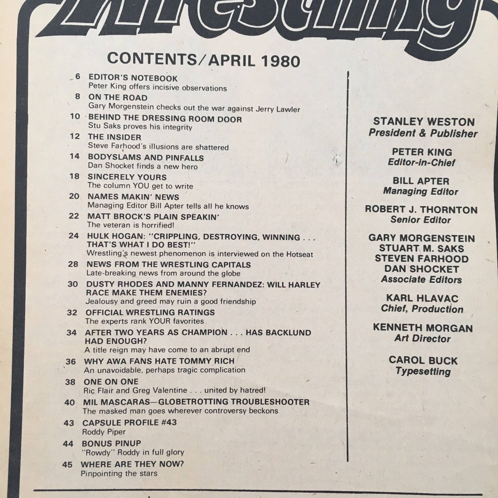 Table of contents from Inside Wrestling Magazine April 1980 showcasing features on Hulk Hogan, Dusty Rhodes, and other wrestling personalities.