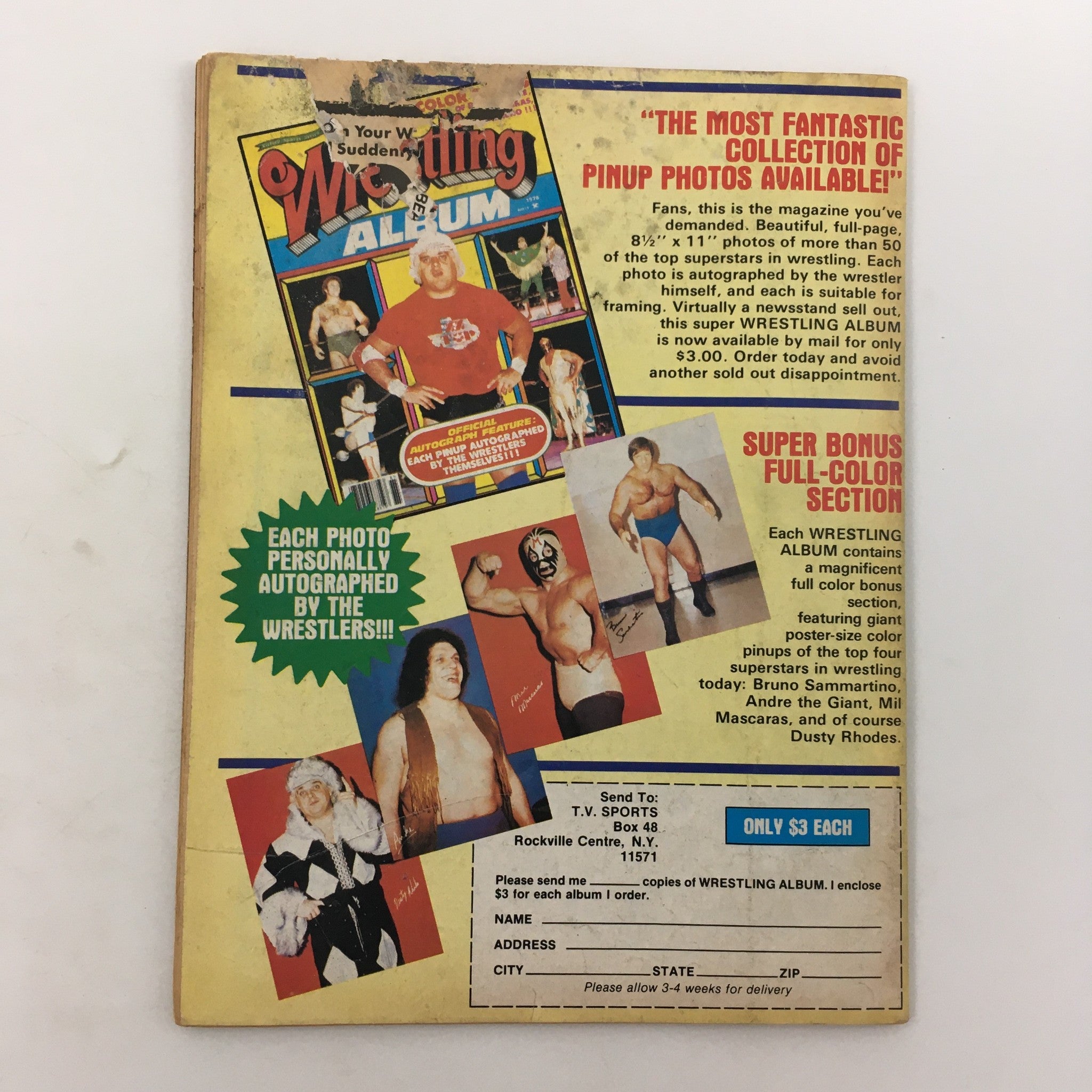 Back cover of Inside Wrestling Magazine April 1980 advertising a wrestling album and featuring images of popular wrestlers.