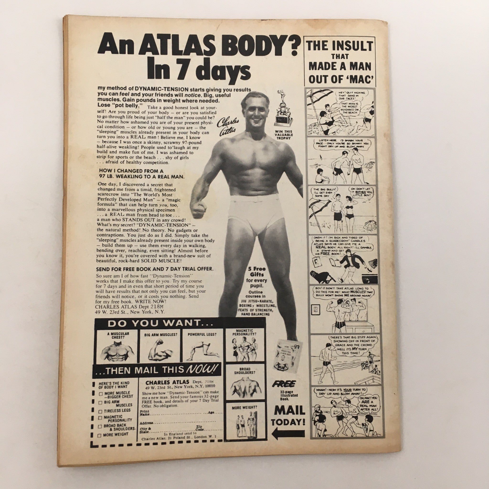 The Wrestler Magazine December 1977 back cover advertising Charles Atlas bodybuilding program, illustrating fitness and strength training methods popular in the era.