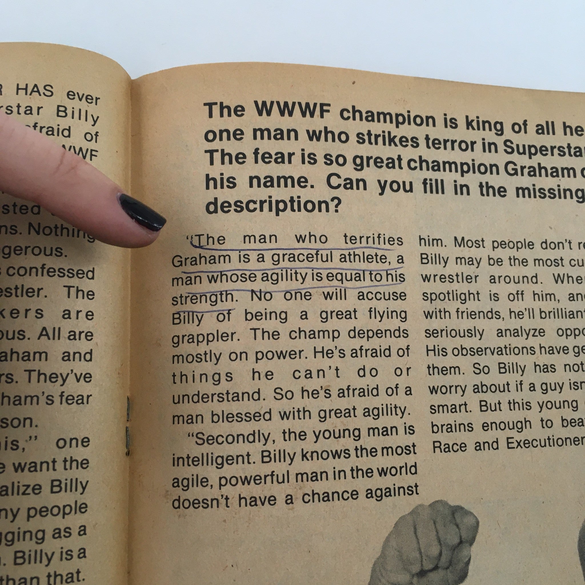 The Wrestler Magazine December 1977 featuring an article on Superstar Billy Graham, showcasing a page with highlighted text discussing his athleticism and agility, reflecting on his impact in the wrestling world.