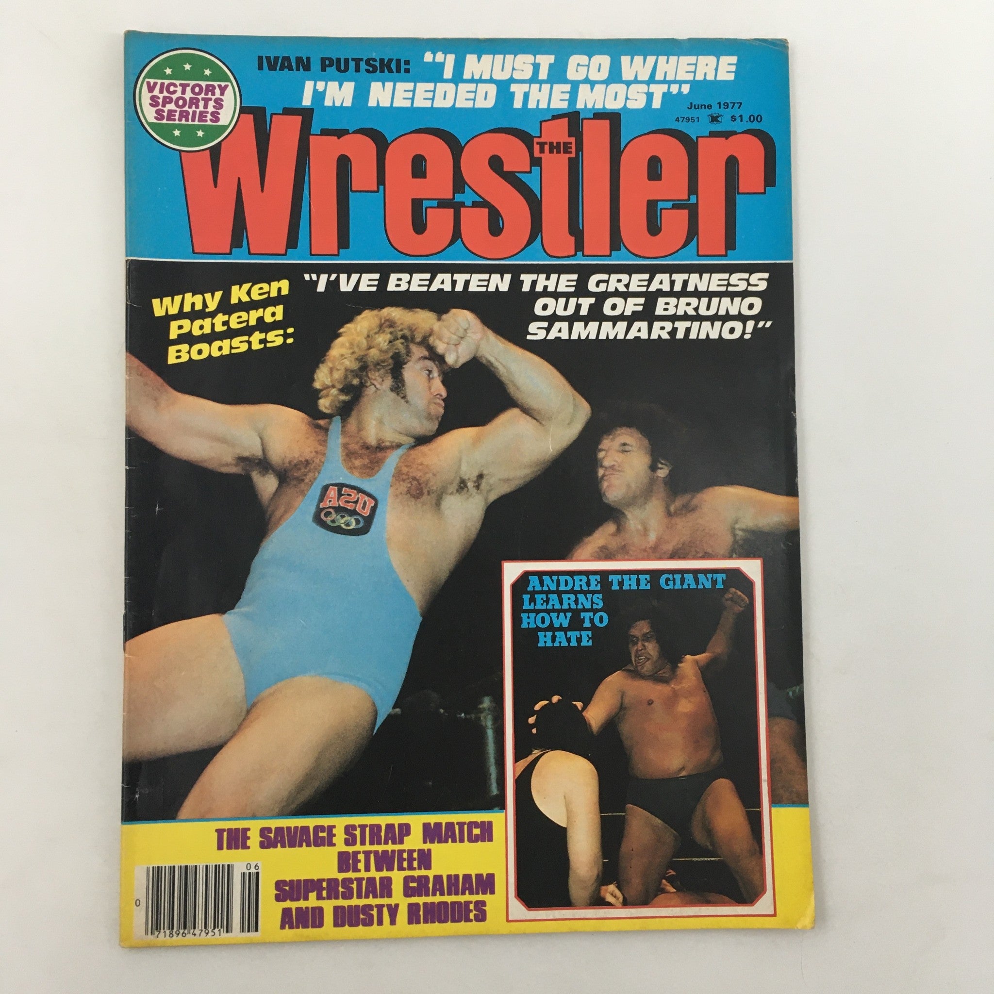 Cover of The Wrestler Magazine June 1977 featuring Andre the Giant and The Sheik, showcasing wrestling legends with vibrant colors and bold headlines.