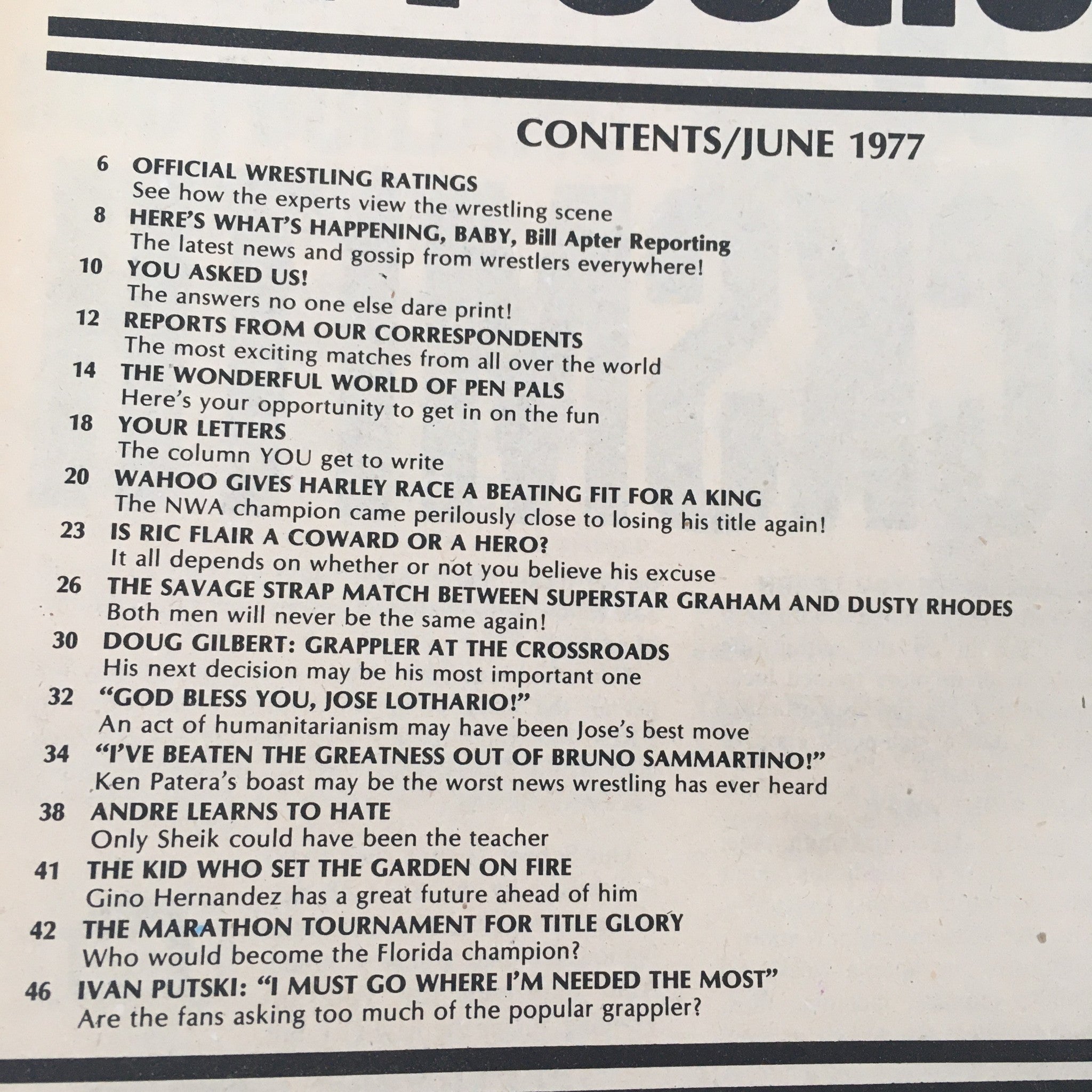 Contents page of The Wrestler Magazine June 1977 detailing articles and features including wrestling ratings and upcoming match reports.
