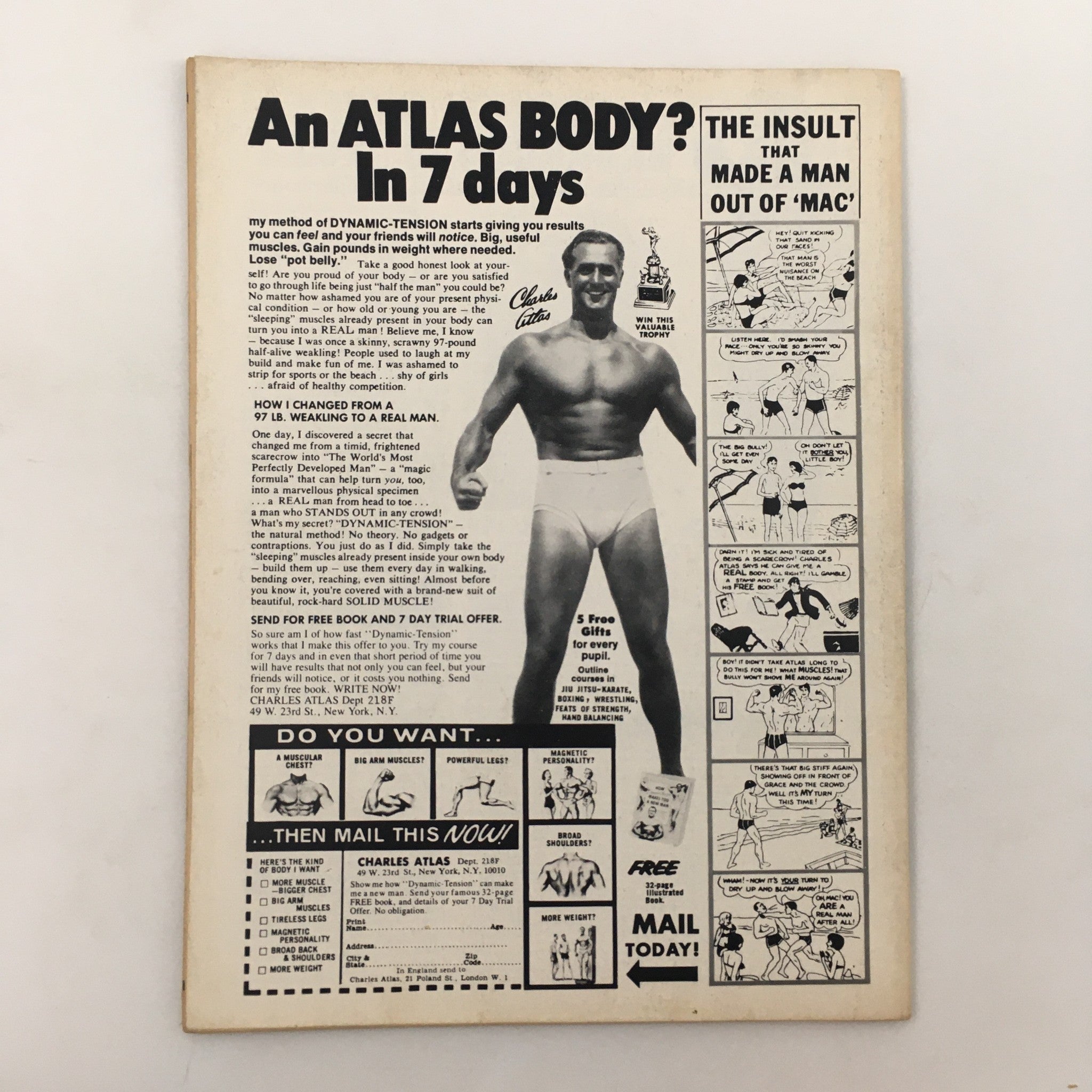 Back cover of The Wrestler Magazine June 1977 featuring an ad for Charles Atlas, highlighting fitness and bodybuilding offers.