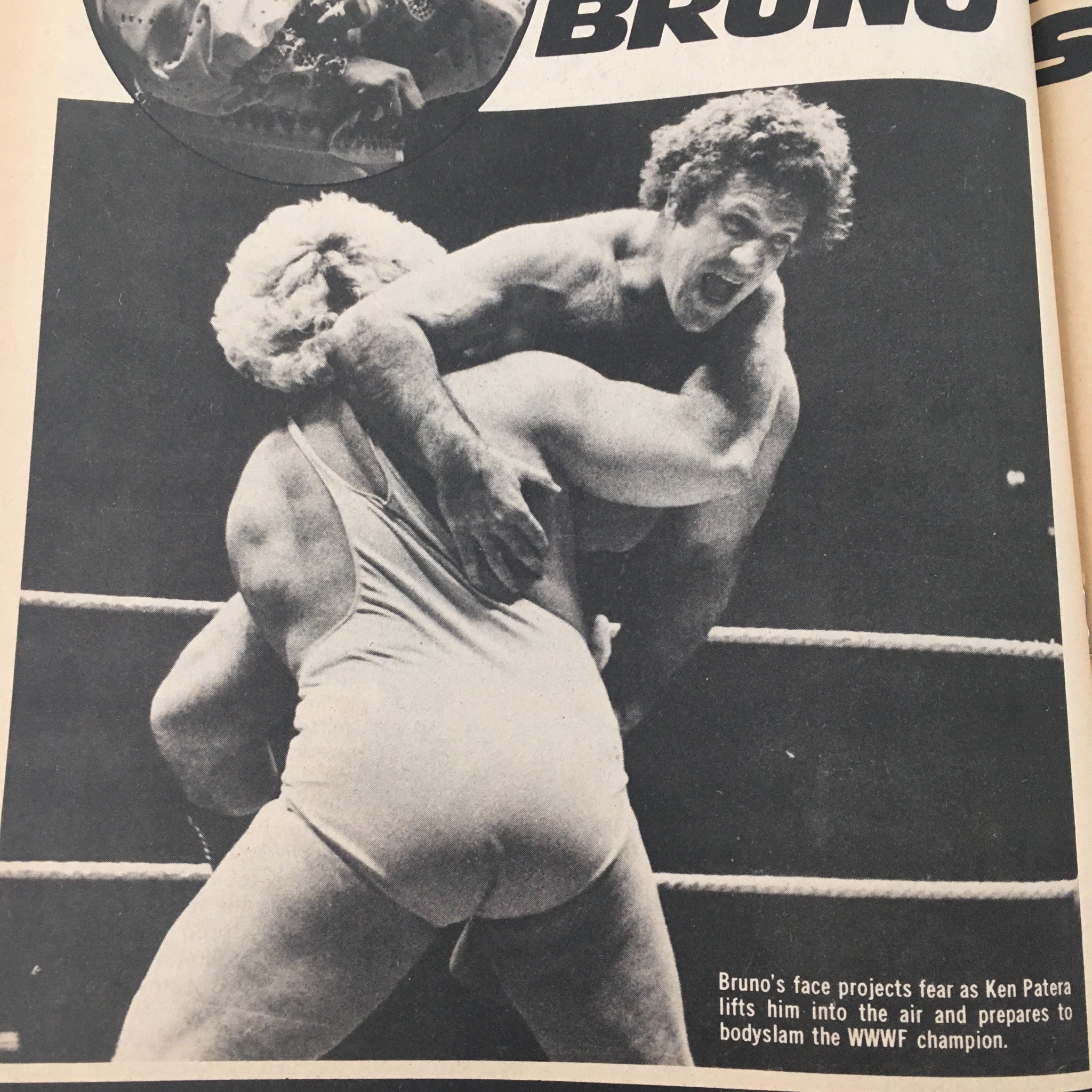 The Wrestler Magazine June 1977 cover featuring a dramatic wrestling action shot between Ken Patera and Bruno Sammartino, illustrating a pivotal moment in professional wrestling history.