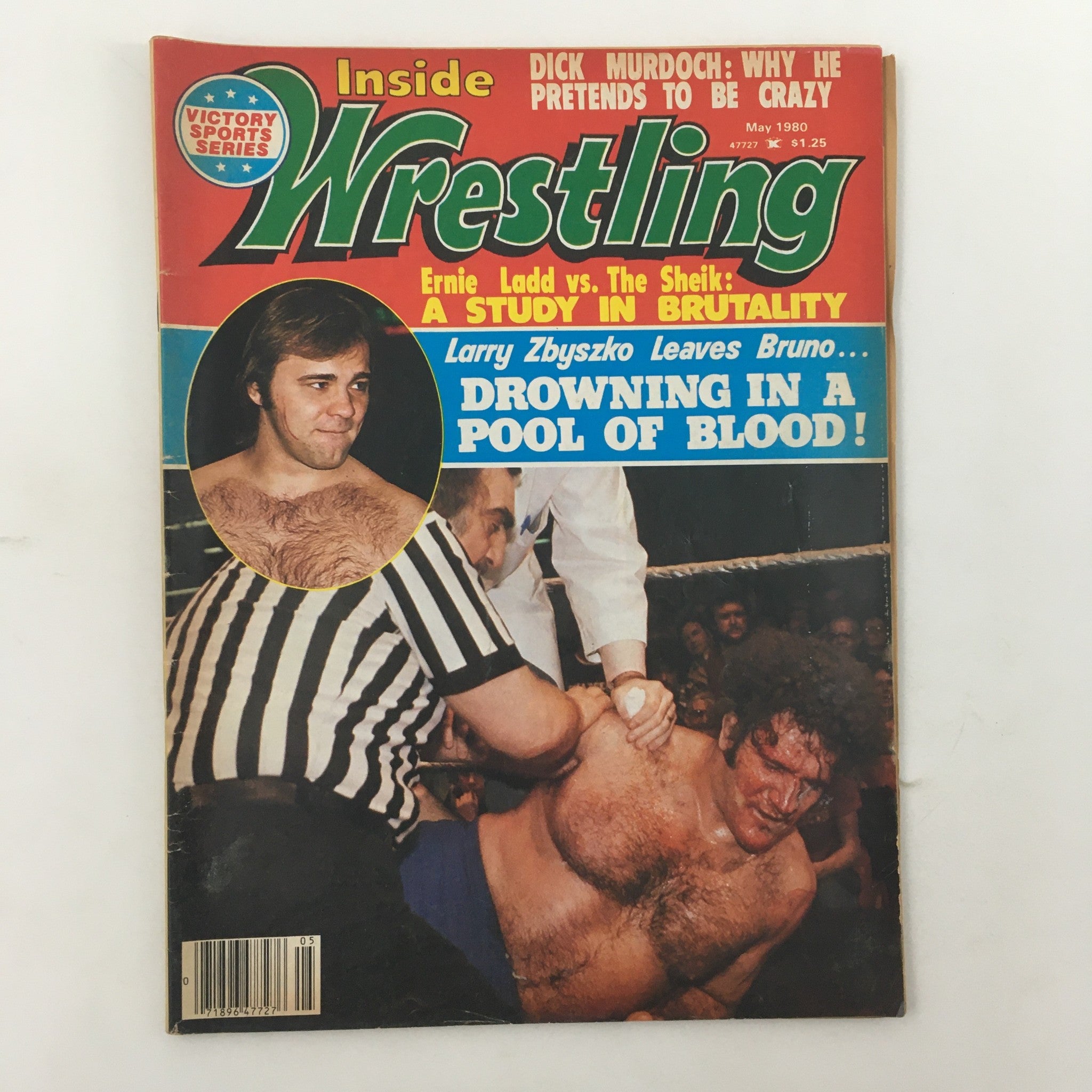 Cover of Inside Wrestling Magazine May 1980 featuring Larry Zbyszko and Bruno Sammartino, showcasing a wrestling rivalry with the headline 'Drowning in a Pool of Blood'. The cover highlights vintage wrestling culture.