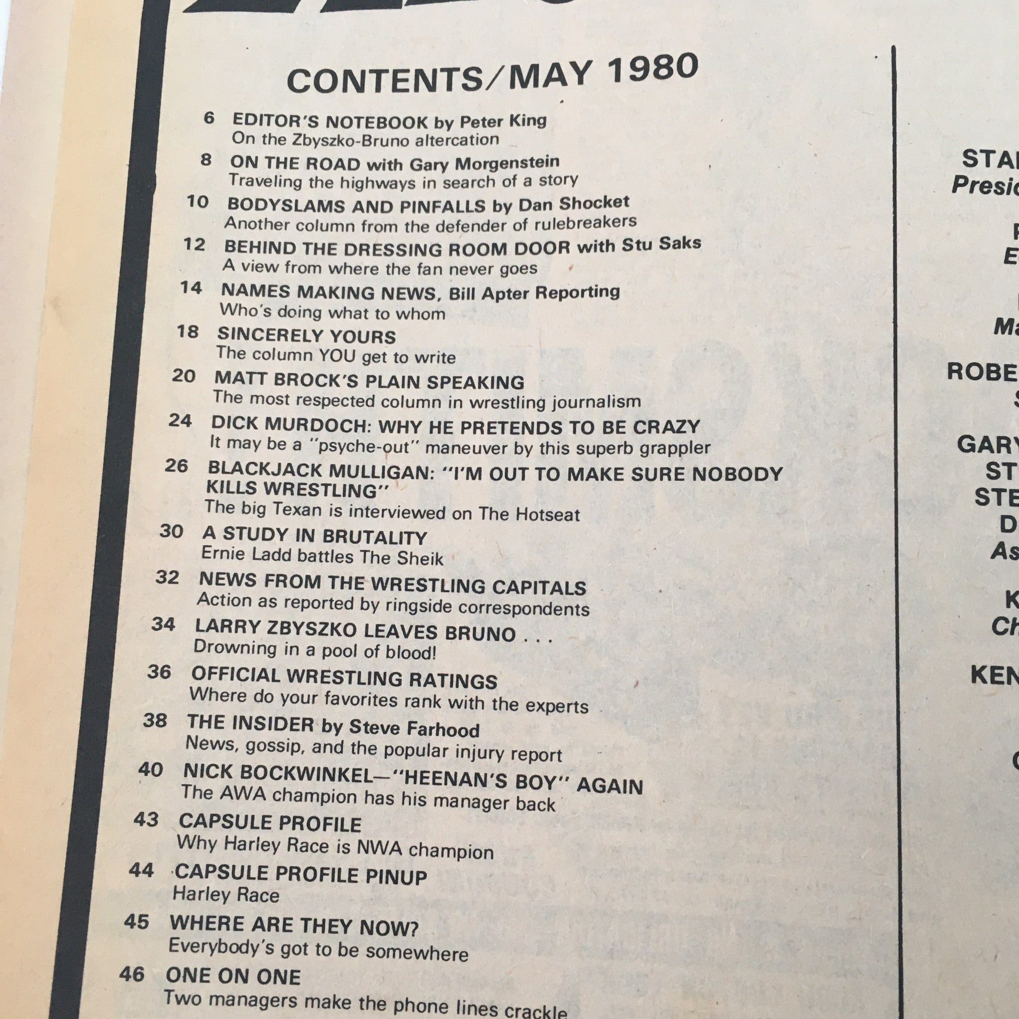 Contents page of Inside Wrestling Magazine May 1980 detailing articles including 'A Study in Brutality' and 'Larry Zbyszko Leaves Bruno', reflecting the magazine's coverage of wrestling events and personalities from that era.