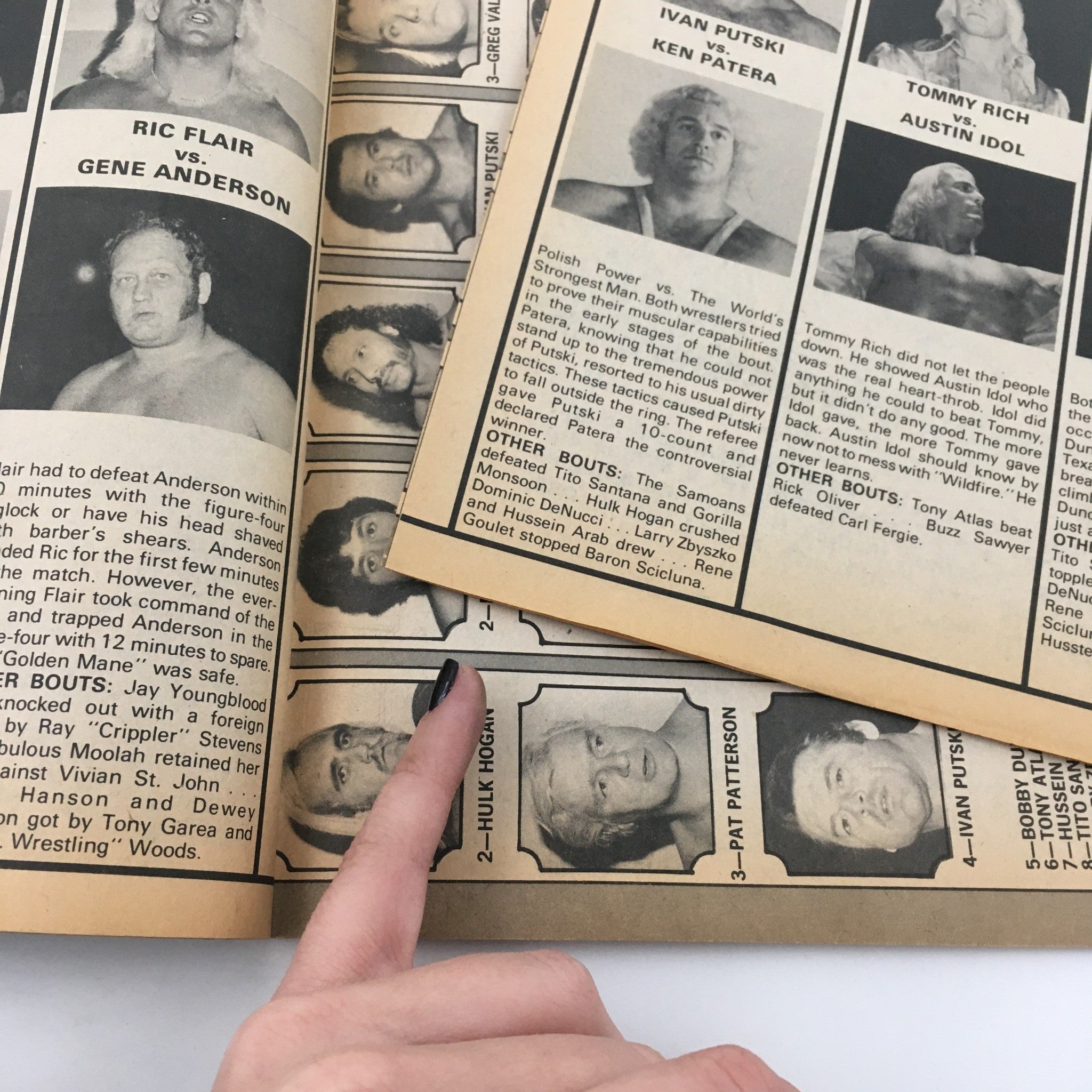 Page from Inside Wrestling Magazine May 1980 featuring historic matchups and wrestlers, including an image of Hulk Hogan, offering a glimpse into wrestling history.