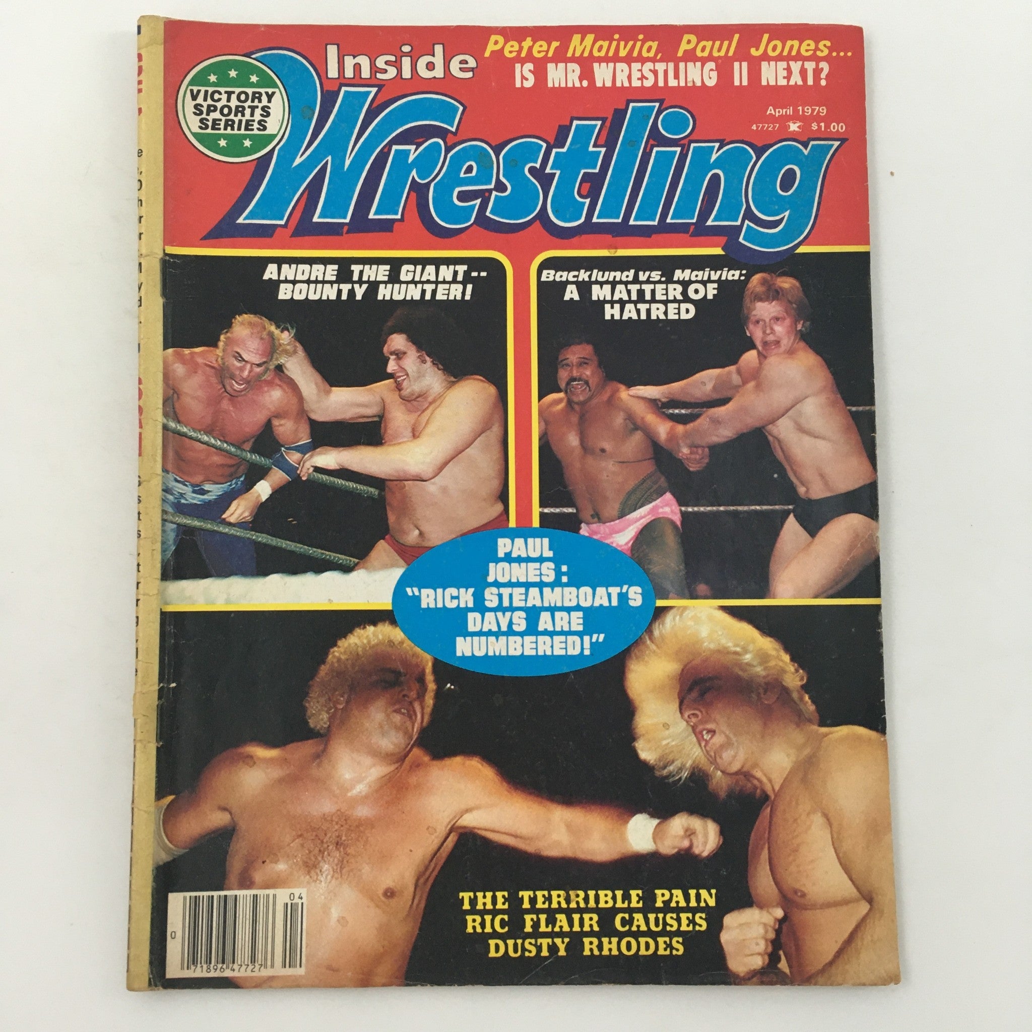 Inside Wrestling Magazine April 1979 cover featuring Ric Flair and Dusty Rhodes, showcasing iconic wrestling matches, headlines about Andre The Giant and Paul Jones.