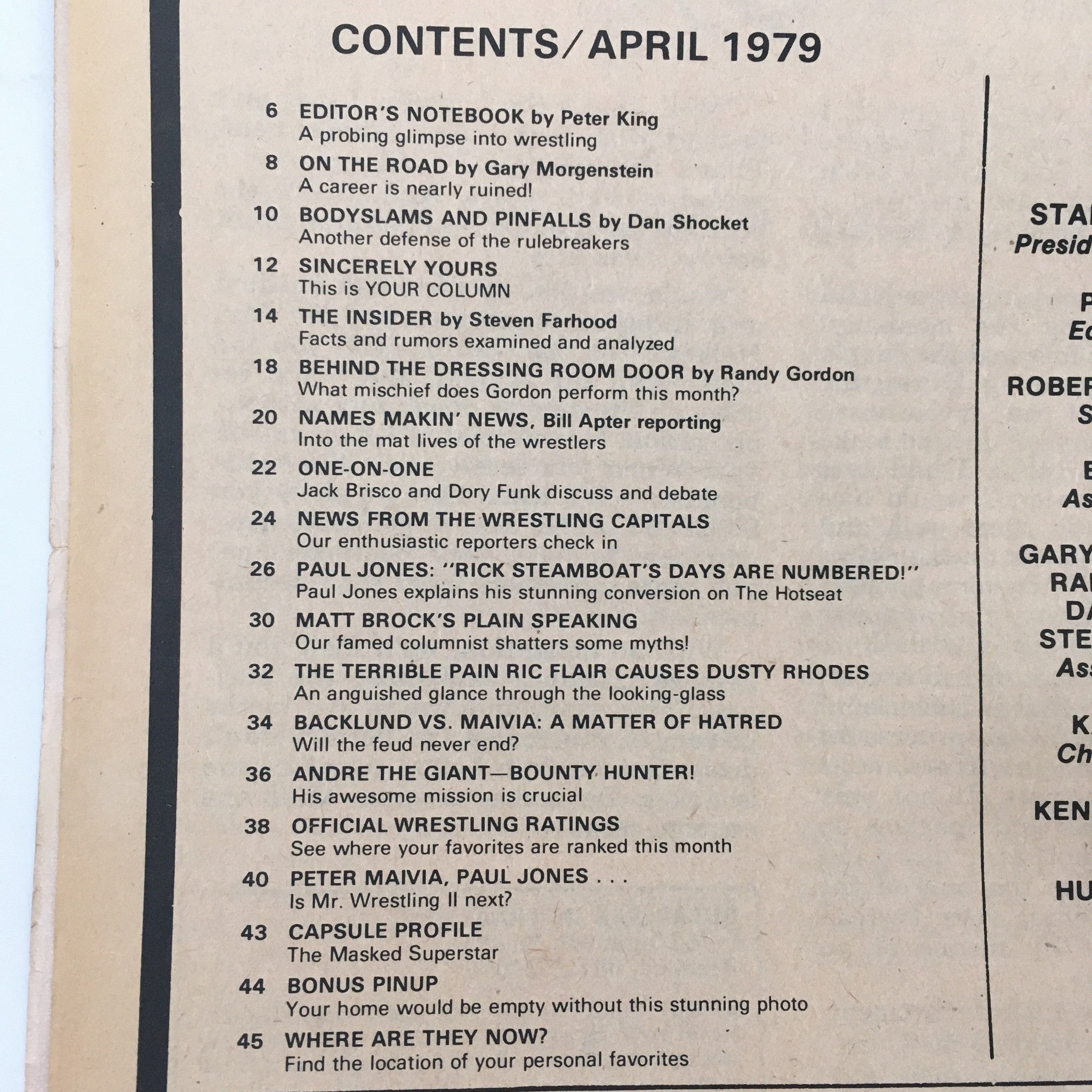 Inside Wrestling Magazine April 1979 contents page listing articles, including Paul Jones' commentary and wrestling rankings, detailing the wrestling scene of the late 70s.