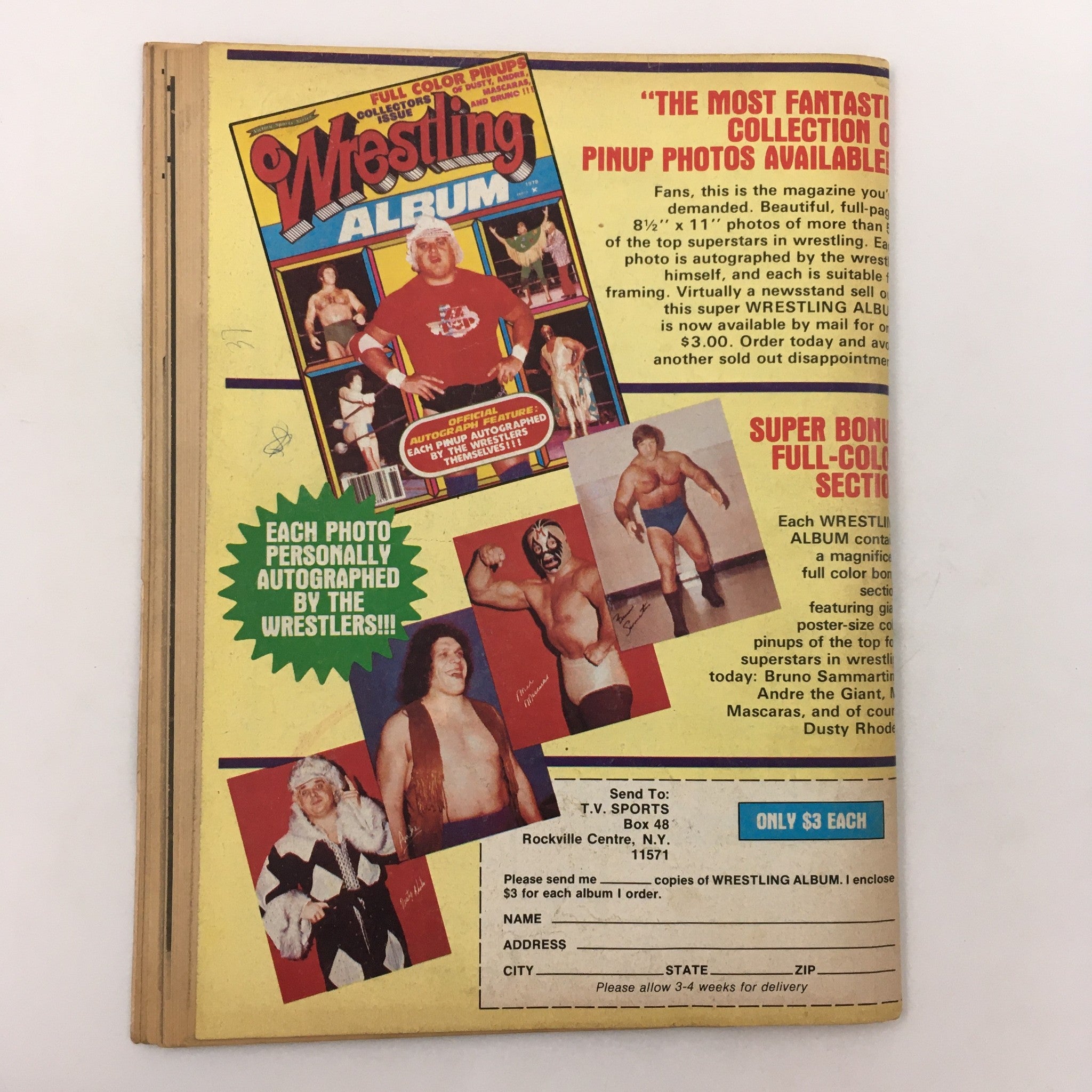 Inside Wrestling Magazine April 1979 back cover promoting Wrestling Album and collector's pinup photos of wrestling superstars, highlighting nostalgic memorabilia.