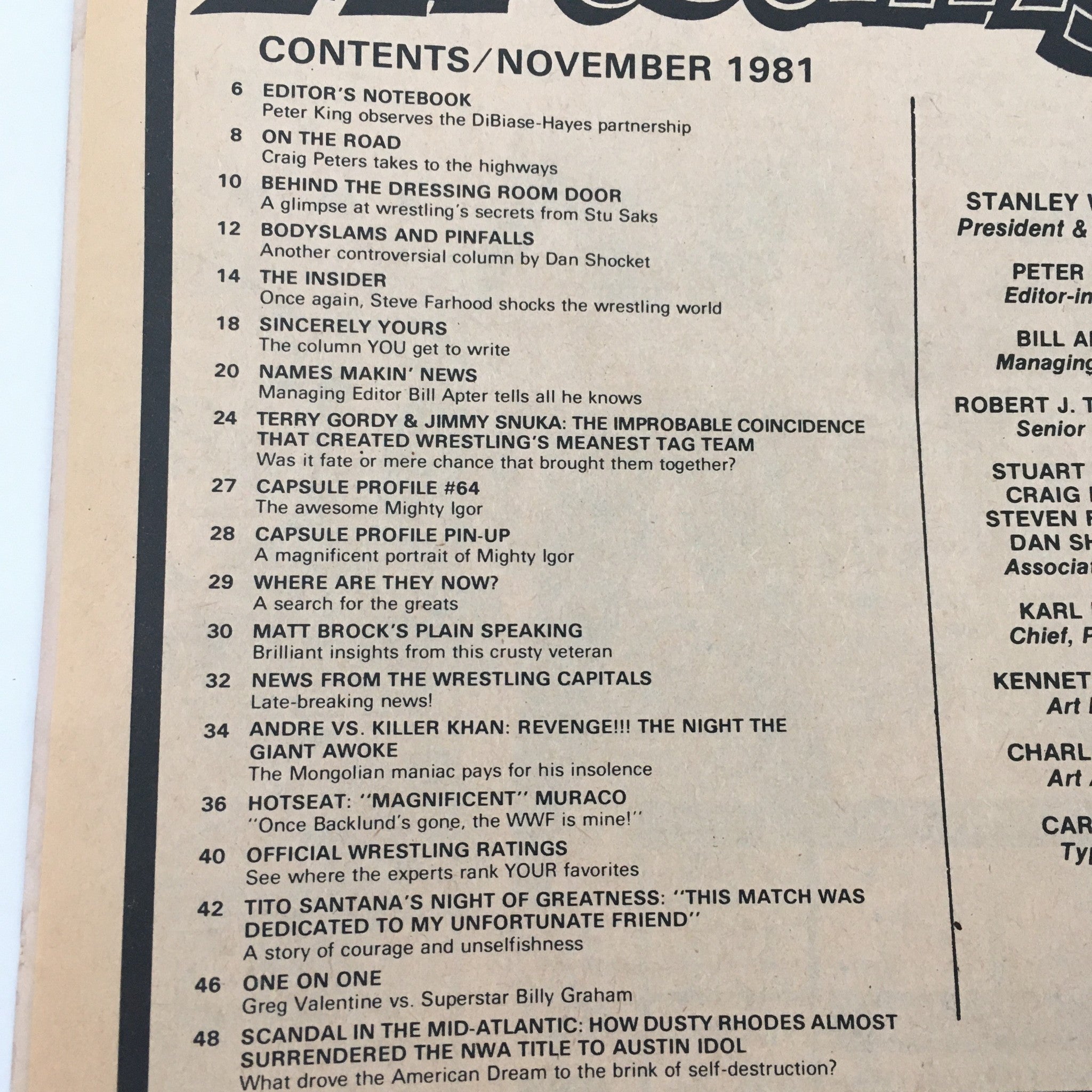 Inside spread of Inside Wrestling Magazine November 1981 detailing various wrestling articles, including content about Andre The Giant and Killer Khan.